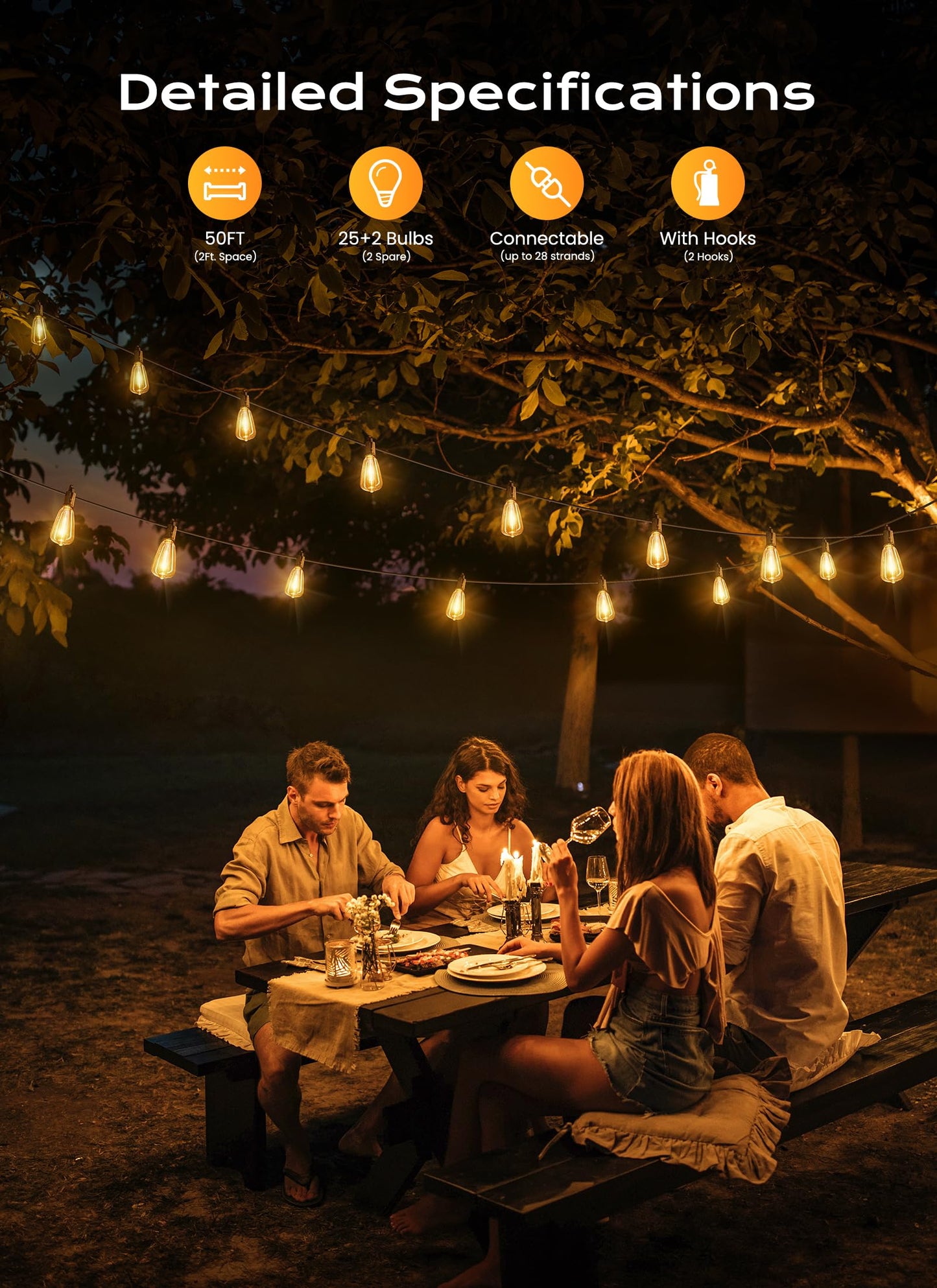 Brightown Outdoor String Lights, 50FT 25+2 LED ST38 LED Patio Lights Shatterproof, Dimmable IP65 Waterproof Connectable Hanging Outdoor Light for Backyard, Porch, Deck, Balcony