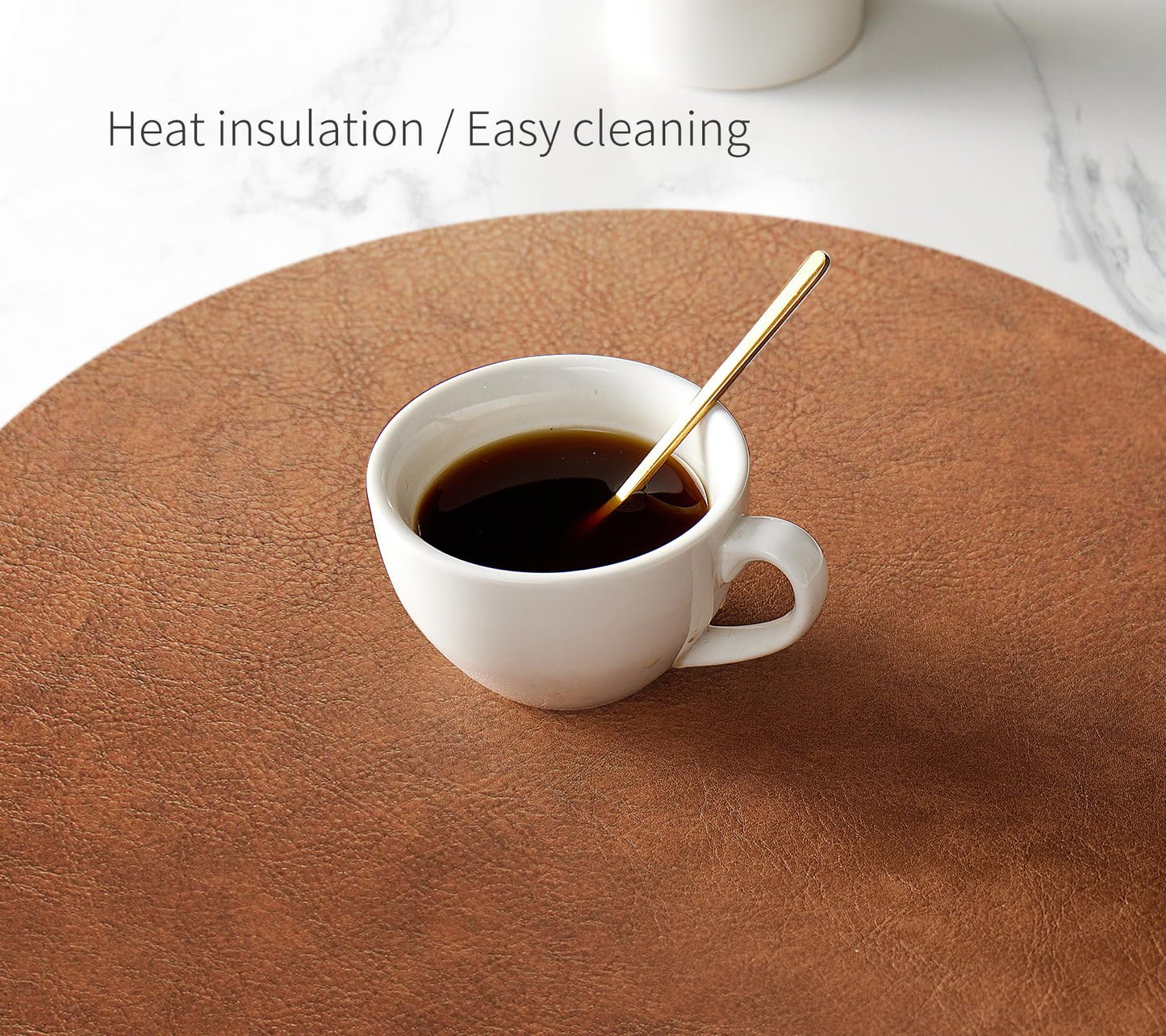 RENMTURE Faux Leather Placemats Set of 4,with 4 Cup mat,Washable, for Kitchen Dining Table,Restaurant,Coffee Shop (Walnut Brown, Round)