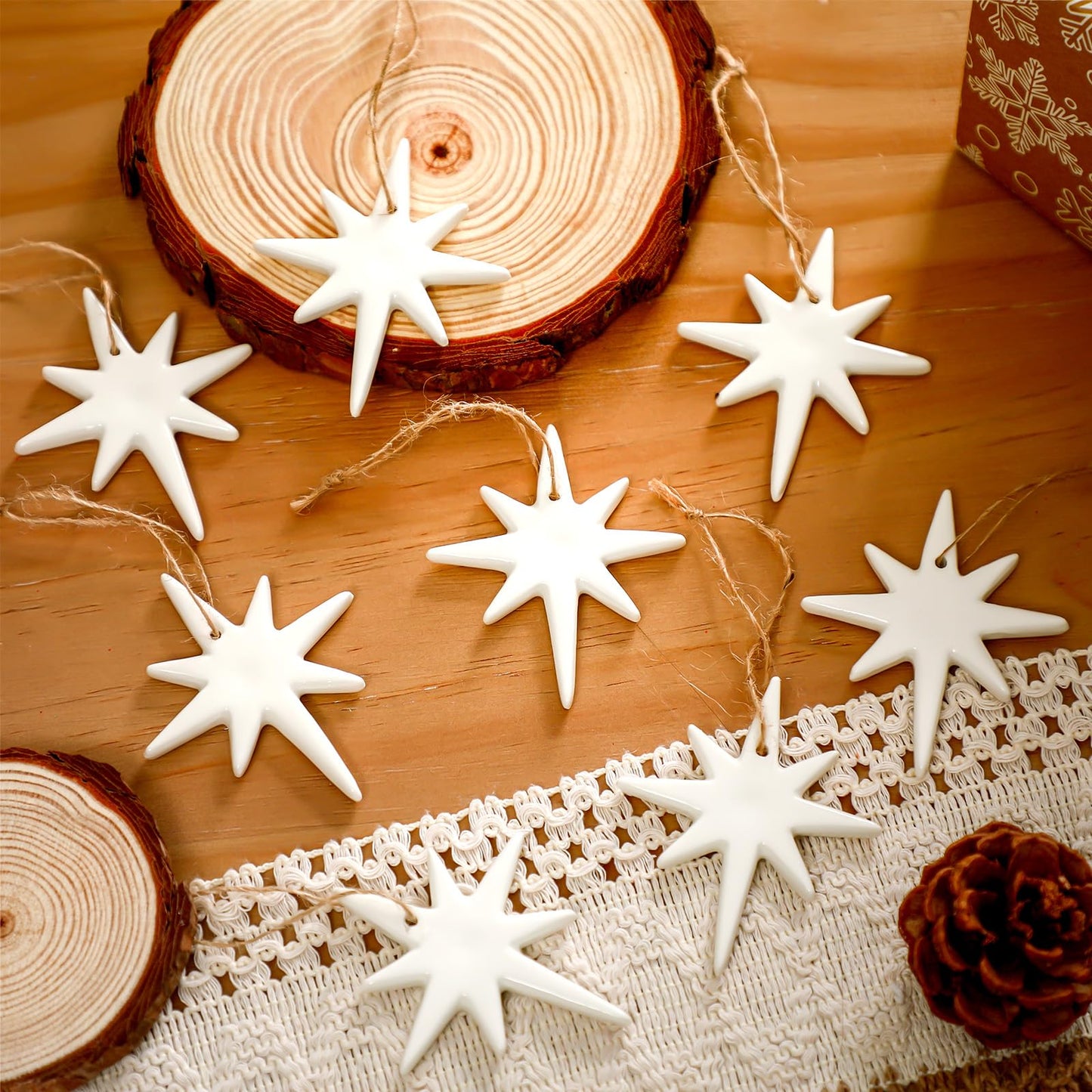 Suncalla 12 Pcs Christmas Bethlehem Star Ornament 1.97 x 3.15 White Star of Bethlehem Decoration Porcelain Ceramics Hanging Nativity Decor Accessories Sublimation Blanks Xmas Tree Topper Ornament
