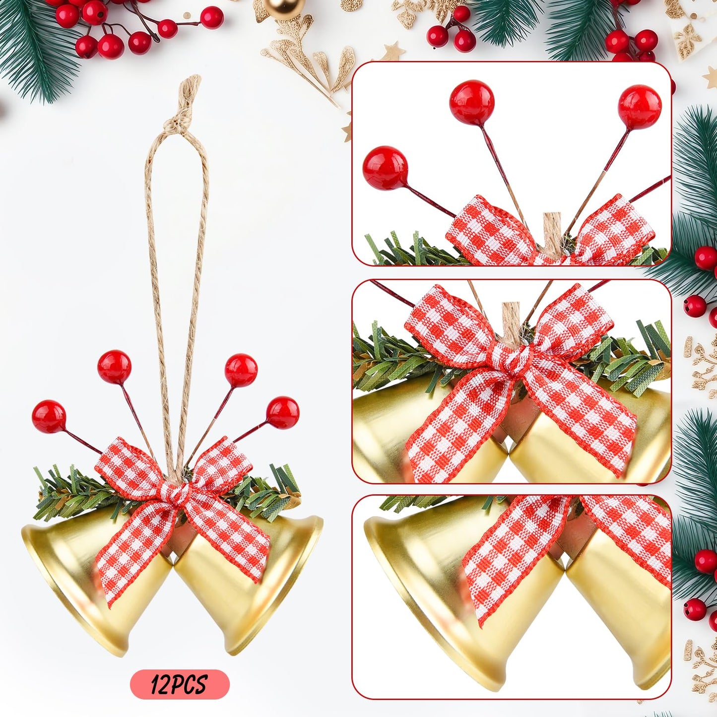 ASTARON 12 Pcs Christmas Bell Ornaments Xmas Tree Hanging Ornaments Jingle Bells with Holly Berries for Christmas Wreath Crafts Holiday Tree Decorations (Gold)