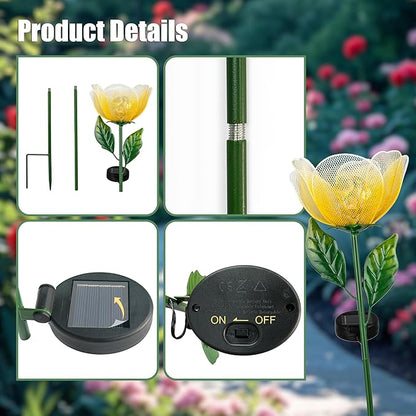 Flower Solar Lights for Outside,2 Pack Metal Flower Solar Lights for Outside,Tulip Solar Powered Garden Light Outdoor Decor,Housewarming Ornament for Patio, Lawn, Yard, Pathway (Breathing Light)