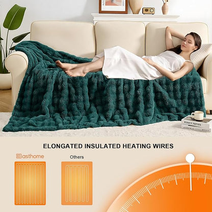 Heated Blanket Electric Throw Blanket 84''X 90''-Heating Blanket with 6 Heat Settings-10 Hours Auto Off,Cozy Faux Rabbit Fur Bubble Electric Blanket,Dark Green