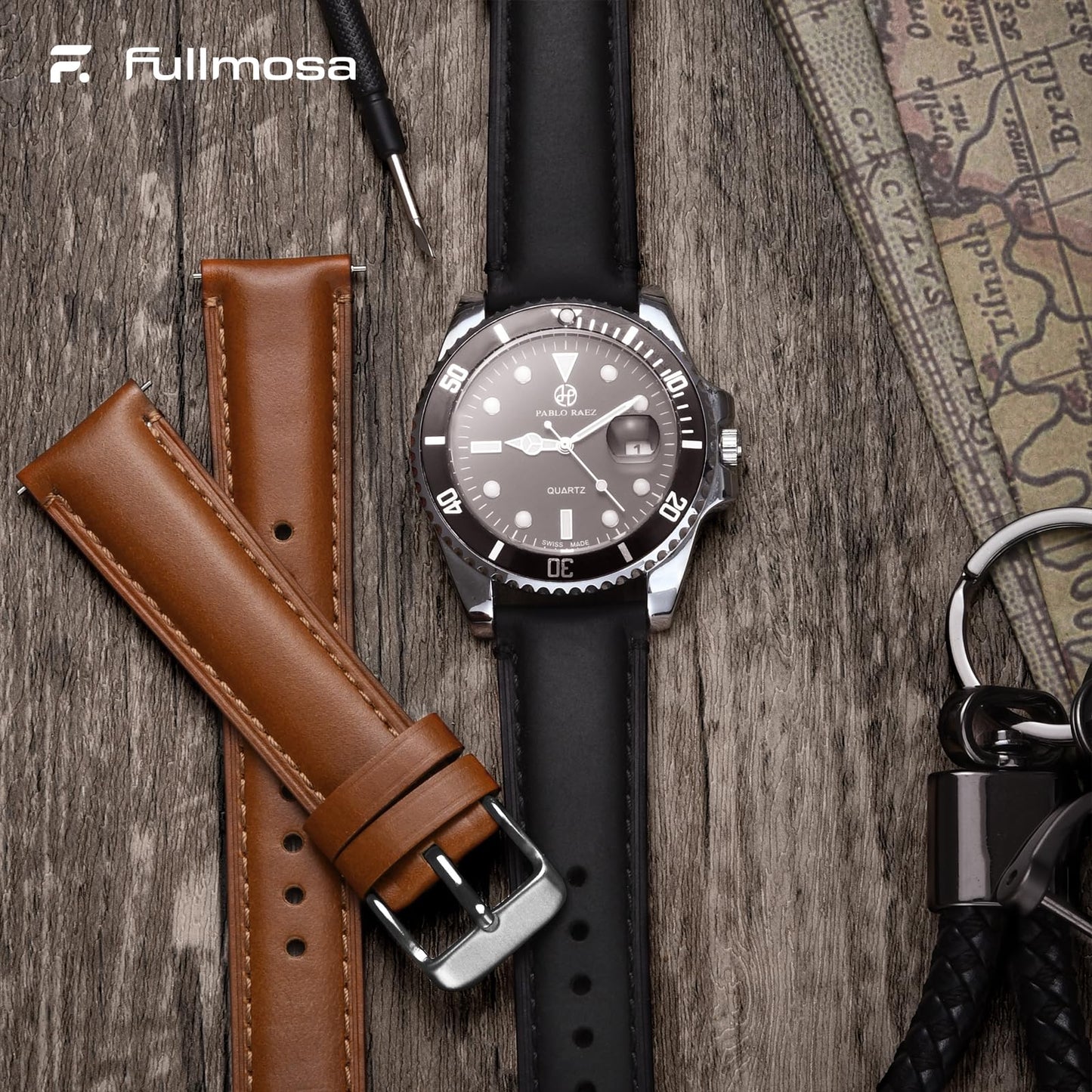 Fullmosa 18mm 20mm 22mm 24mm Leather Watch Bands, 2 Pack Soft Quick Release Watch Strap Compatible with Garmin Vivoactive 5/6/4/3, Venu 4/3S/2S, Samsung Galaxy Fossil Amazfit for Men Women,22mm Toffee Brown&Silver/Black&Black