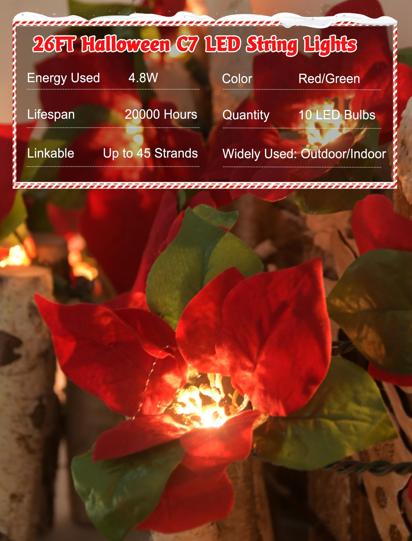 SUNSGNE 8.5FT LED Flower String Lights, Red and Green Christmas Flowers Lights with 10 LED Flowers Bulbs for Christmas Tree, Fireplace, Staircase, Walls