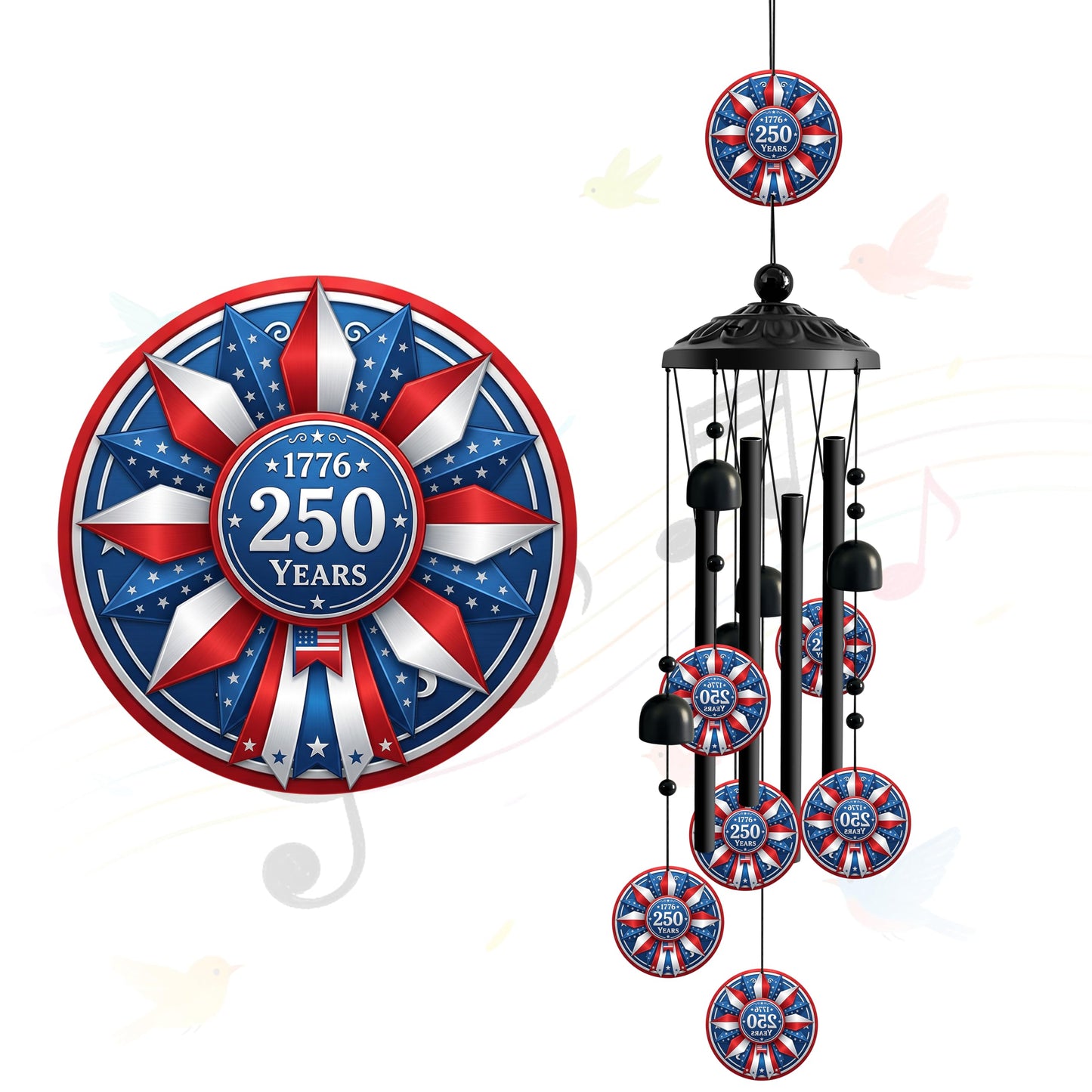 1776-2026 Patriotic Wind Chimes for Outside, Red White Blue American Flag Hanging Wind Chime with Stars and Bells, Outdoor Wind Chimes for Garden Decor, Porch Patio Yard Balcony Decor