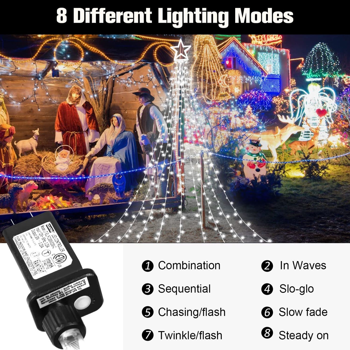 MINIAO Christmas Decorations Star String Lights, 320 LED Waterfall Tree Lights with 13" Topper Star 8 Lighting Modes Indoor Outdoor Decorative for New Year, Holiday, Wedding, Party