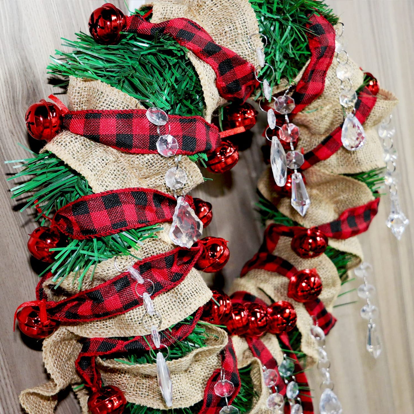 Jishi Rustic Buffalo Plaid Ribbon Garland - 6 Yards with Jingle Bell & Metal Sleigh Bell Ornaments