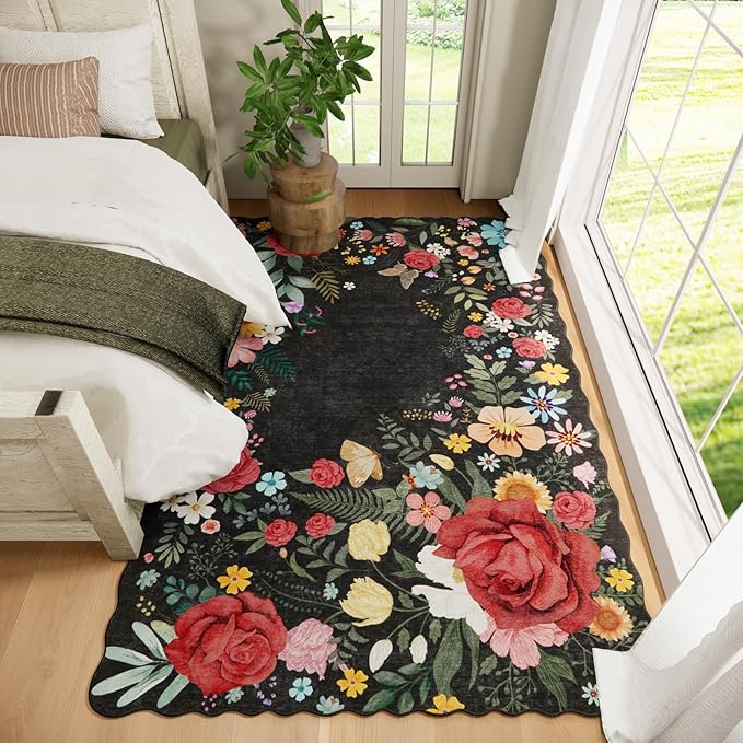 Washable Rugs for Living Room: 6x9 Area Rugs for Bedroom Soft Ultra Thin Stain Resistant Non Slip Low Pile Lightweight Vintage Floral Carpet for Dining Room Decor (Black)