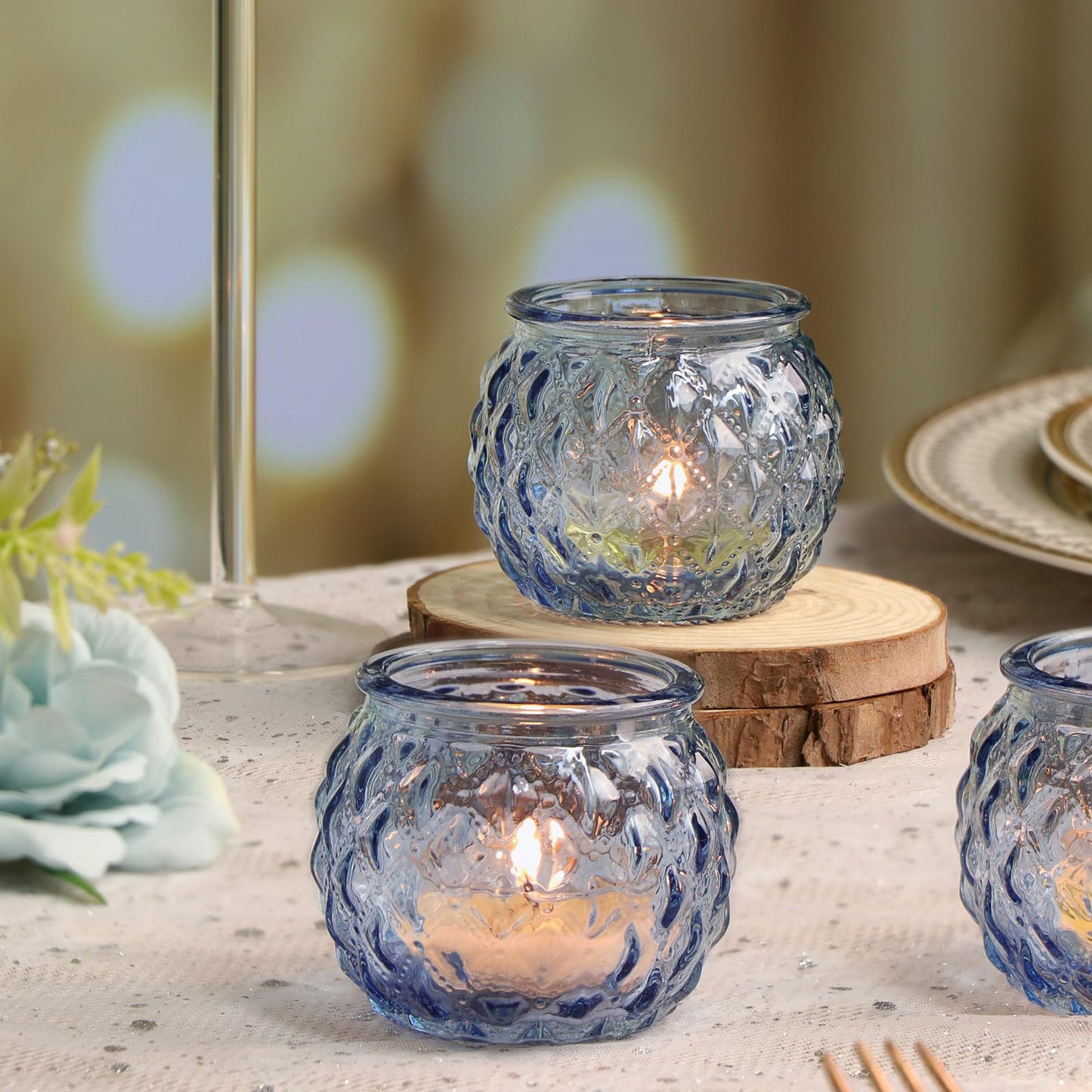 DARJEN Blue Votive Candle Holders Set of 24- Round Glass Candle Holders Bulk for Tea Light Candle, Diamond Texture Candle Votives for Wedding Centerpiece, Party & Home Decor