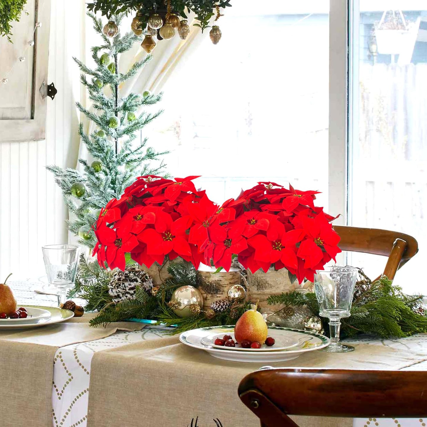 Grunyia 5 Artificial Poinsettia Flowers Bouquet Christmas 7 Heads 19.6”Faux Red Poinsettia Bush Fake Flowers for Home Porch Xmas Tree Garden Indoor Outdoor Office Christmas Decorations
