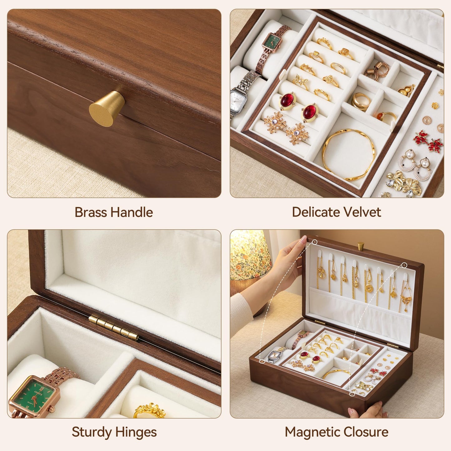 Black Walnut Wooden Jewelry Box, 2 Layer Large Natural Solid Wood Jewelry Organizer Storage with Removable Tray for Necklace Ring Earrings Watch Bracelet, Velvet Lined Box Gifts for Mom, Women, Girls