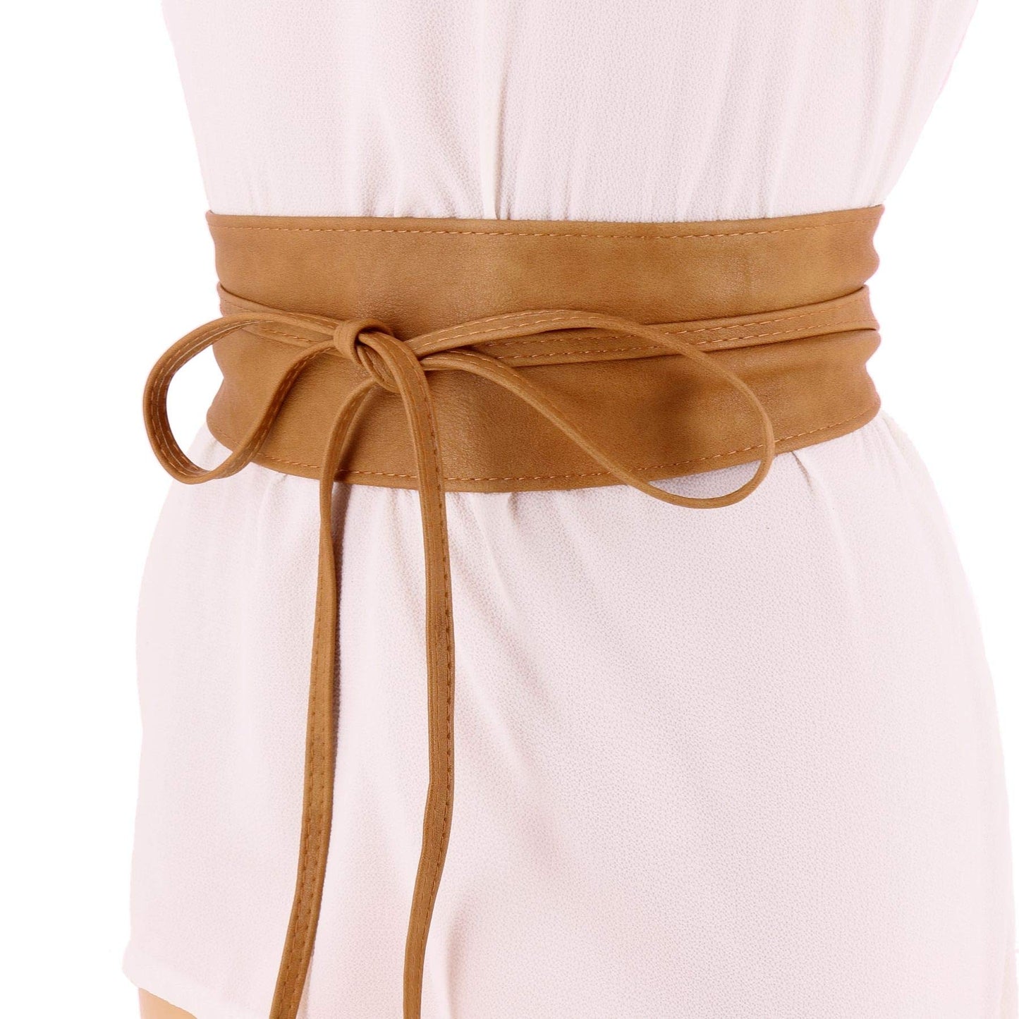 FASHIONGEN Obi Belt for Women – Wide Waist Belt in Faux Leather, MICA - Light Camel, Small/Medium