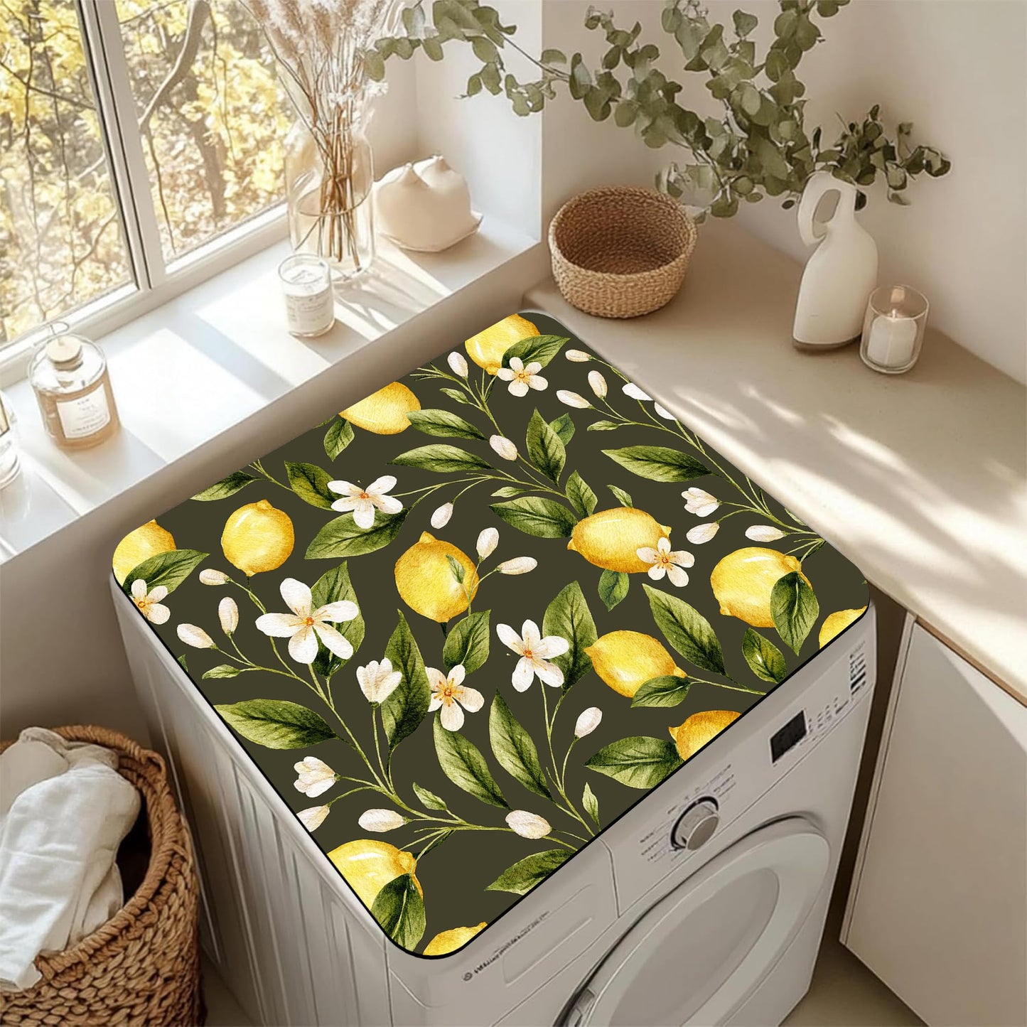Yellow Lemon with Flowers Washer and Dryer Covers For The Top, Non-slip Fast Drying Absorbent Dryer Top Protector Mat for Kitchen Laundry Room Decor,23.6"x19.7"