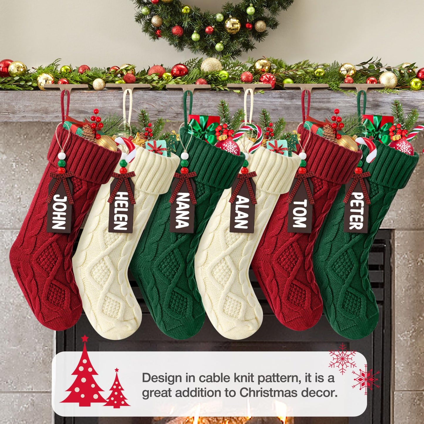 Hommtina Christmas Stockings, Personalized Christmas Stockings 18 Inches Large Size Cable Knitted Stocking Gifts (6pcs White&red&Green)