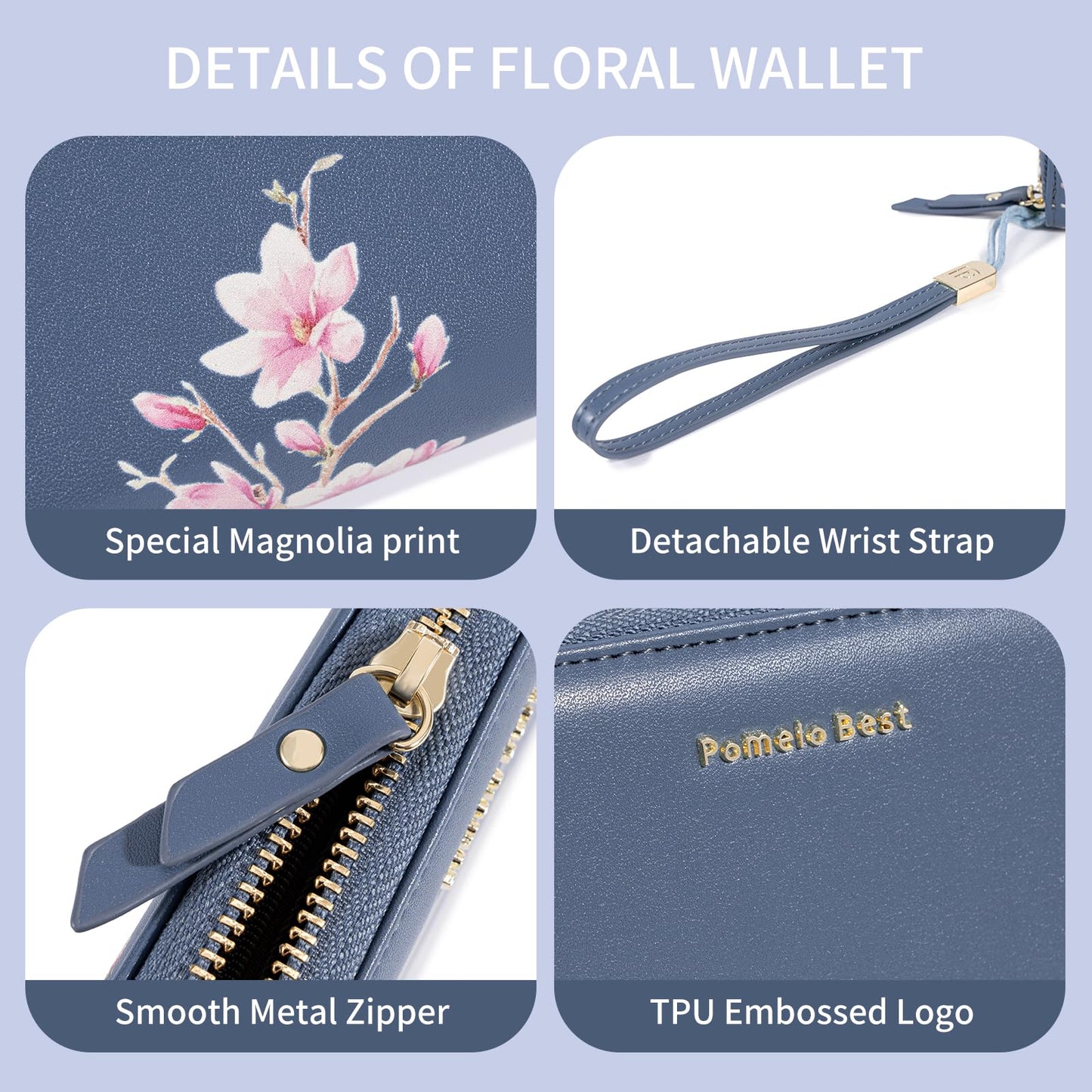 Pomelo Best Womens Wallet RFID Blocking Leather Multi Credit Card Large Capacity Wristlet Zip Around Long Wallets for Lady Blue