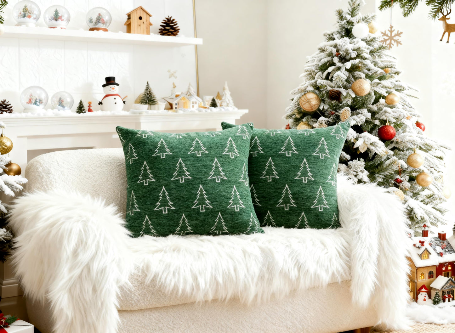 Auomily Soft Chenille Christmas Pillow Covers 18x18 Set of 2, Reversible Snowflake & Tree Pattern, Thick & Cozy Farmhouse Holiday Cushion Cases with Hidden Zipper for Sofa Couch Bed(Green,18x18)