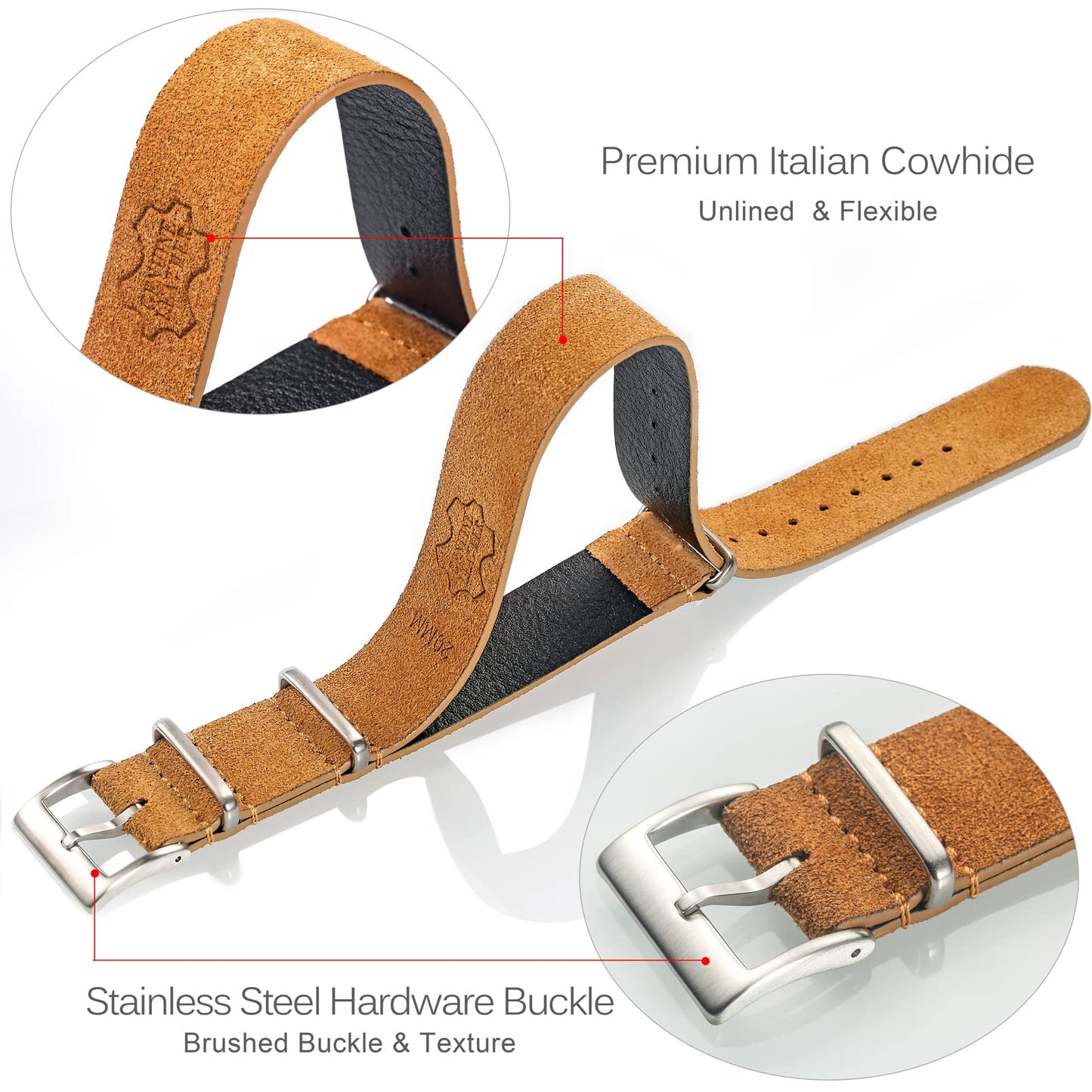 torbollo Suede Leather Watch Band, Style One-Piece Military Watch Strap Vintage Tone 18mm Replacement Wrap for Men Women Brown