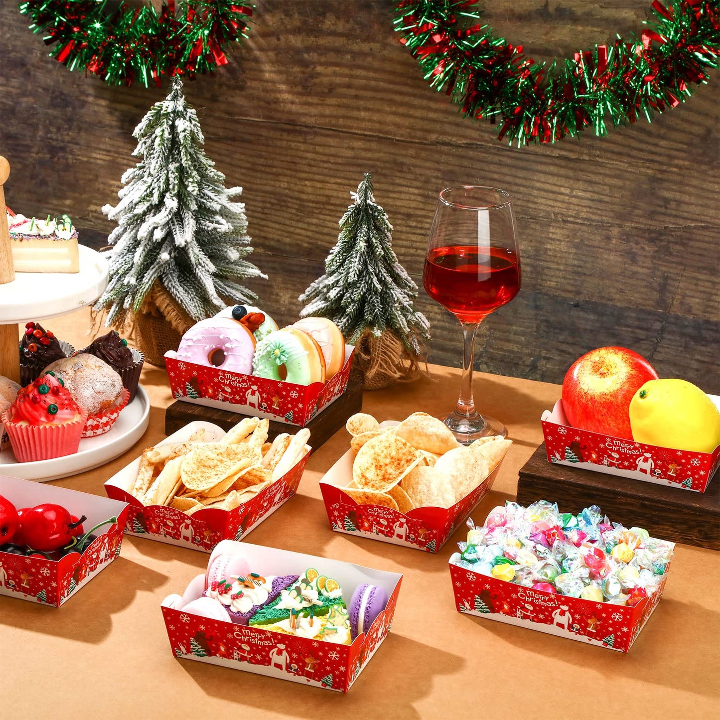 Cunhill 60 Pack Christmas Paper Trays Christmas Movie Night Snack Trays Disposable Party Plates Food Serving Boats for Cookie Snack Movie Night Party Supplies