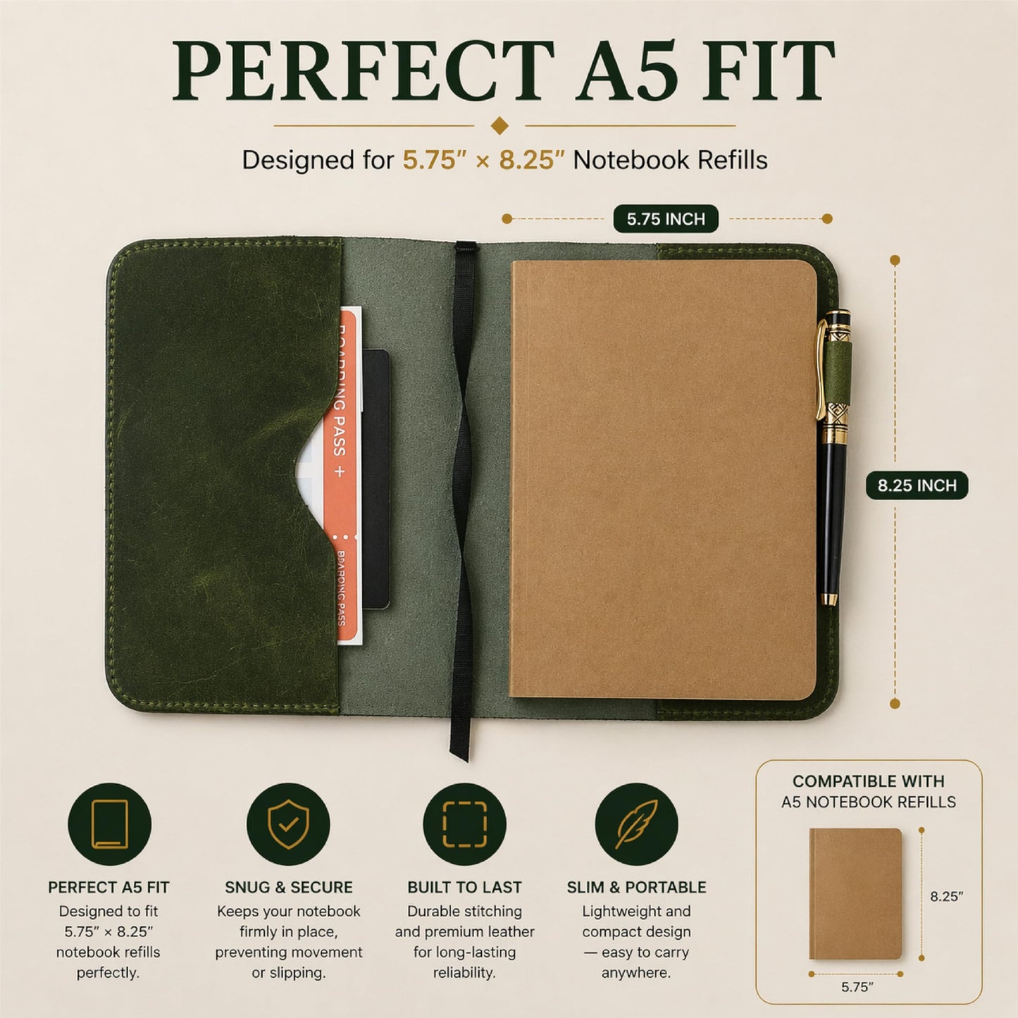 TheAntiq Premium Leather Journal Cover A5 – Handmade Refillable Notebook Cover Sleeve with Pen Holder for Writing, Travel & Business Use 5.75 x 8.25 (Green)