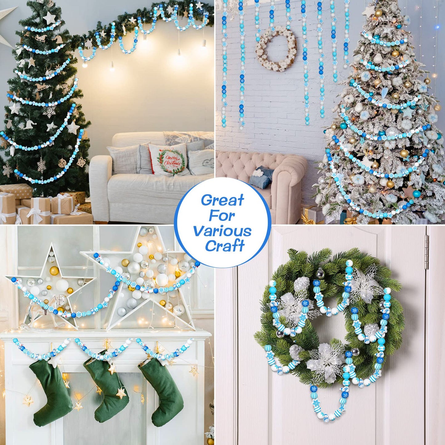 Bencailor 200 Pcs Winter Wooden Beads Winter Snowflake Craft Beads 16 mm 20 mm Snowman Wood Craft Buffalo Plaid Round Loose Spacer for DIY Garland Home Decor