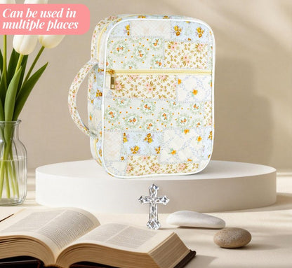 Bible Cover Case for Women, Large Bible Bag with Bible Study Supplies Accessories Christian Gifts for Women, Portable with Sturdy Handle and Highlighters, Spliced Flower