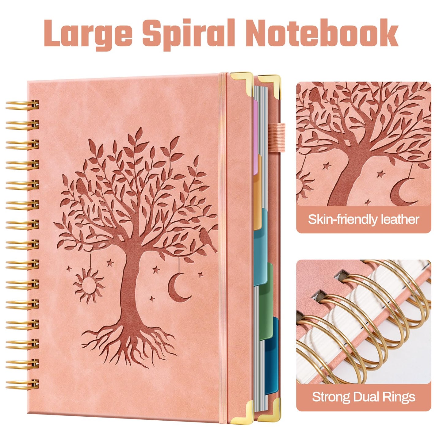 Ovesmusl Hardcover Spiral Notebook 8" x 10" with 5 Removable Dividers 300 Pages Leather 5 Subject Notebook College Ruled 100GSM Large Spiral Notebooks for Work Thick Lined Journal for Women, Pink