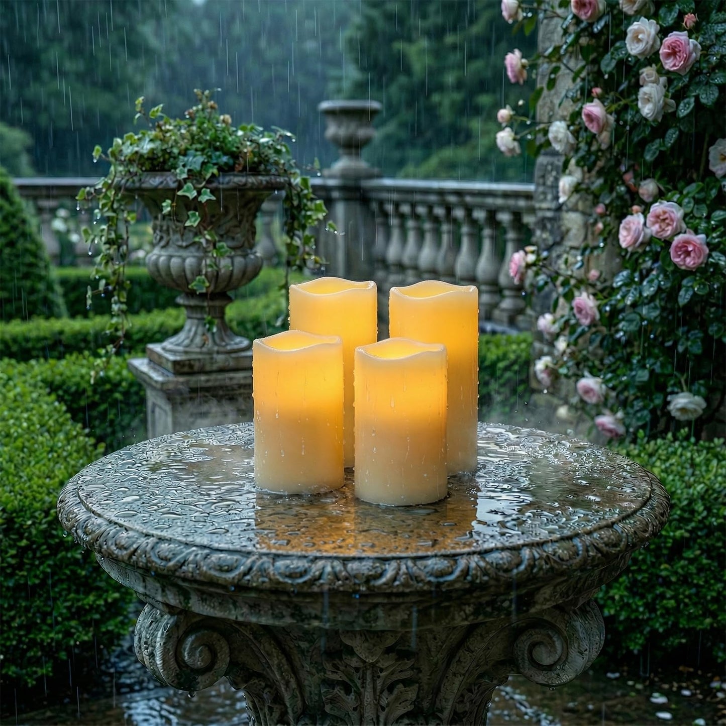 5plots 3" X 5"5" 6" 6" Outdoor Waterproof Candles, Battery Operated Led Ivory White Flameless Candles with 10-Key Remote & Timer for Indoor Home Lantern Holiday Decor, Set of 4