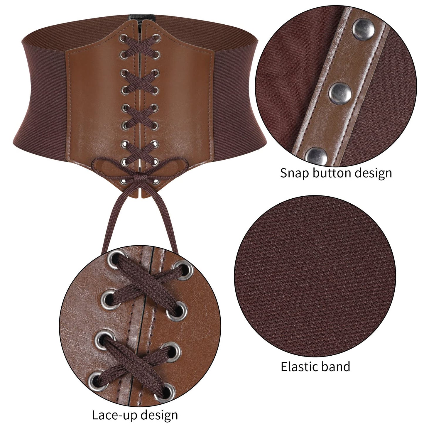 Pistha 3 Pcs Corset Belt Elastic and Faux Leather Gauntlet Wristband for Women Halloween Medieval Renaissance Pirate Viking Warrior Cosplay Brown (M, Brown)