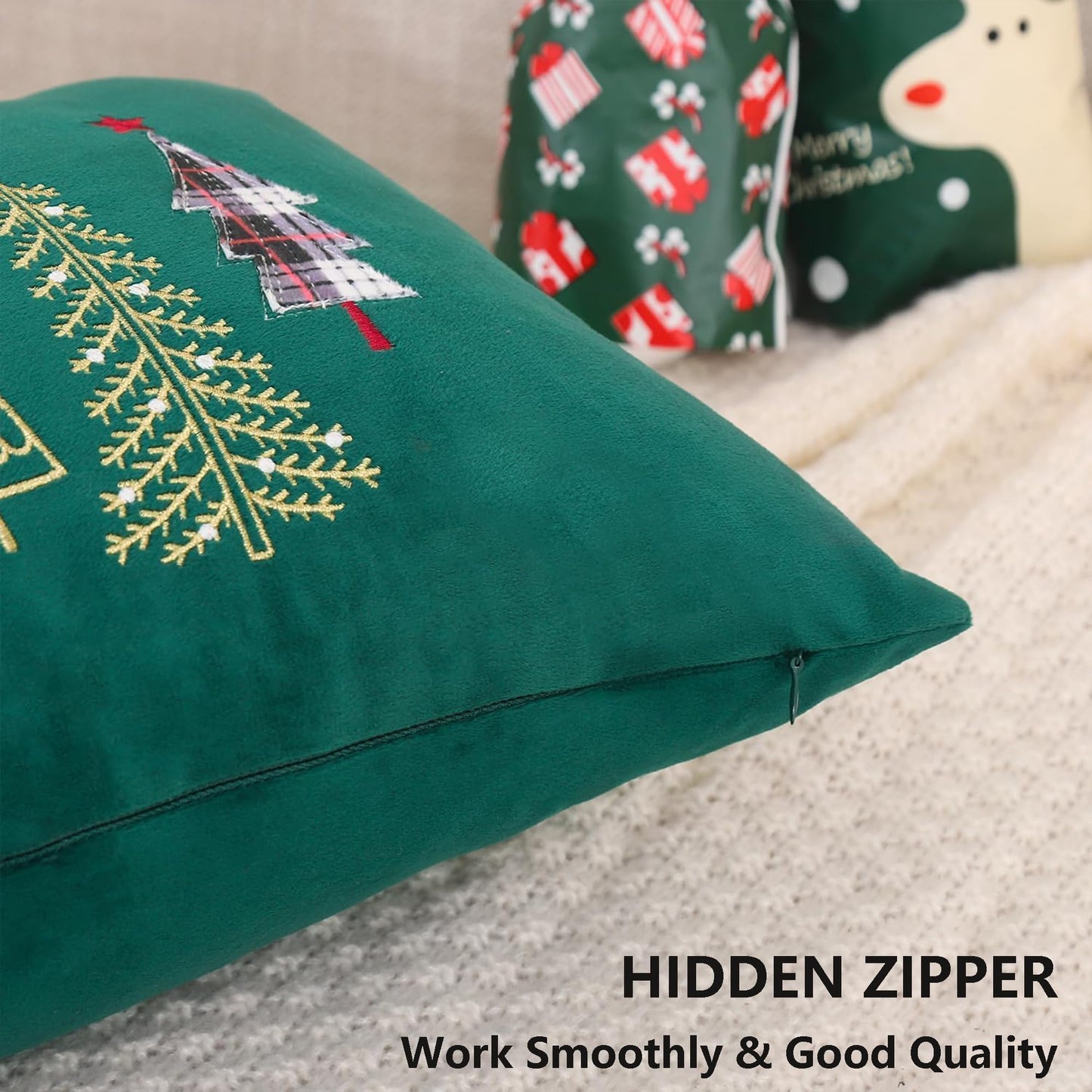 Tosleo Christmas Pillow Covers 18x18 Set of 2 Xmas Trees with Snowflake Embroidery Throw Pillow Covers Christmas Dec Velvet Pillowcases Forest Green Cushion Pillow Cases Soft Square Holiday Pillowcase