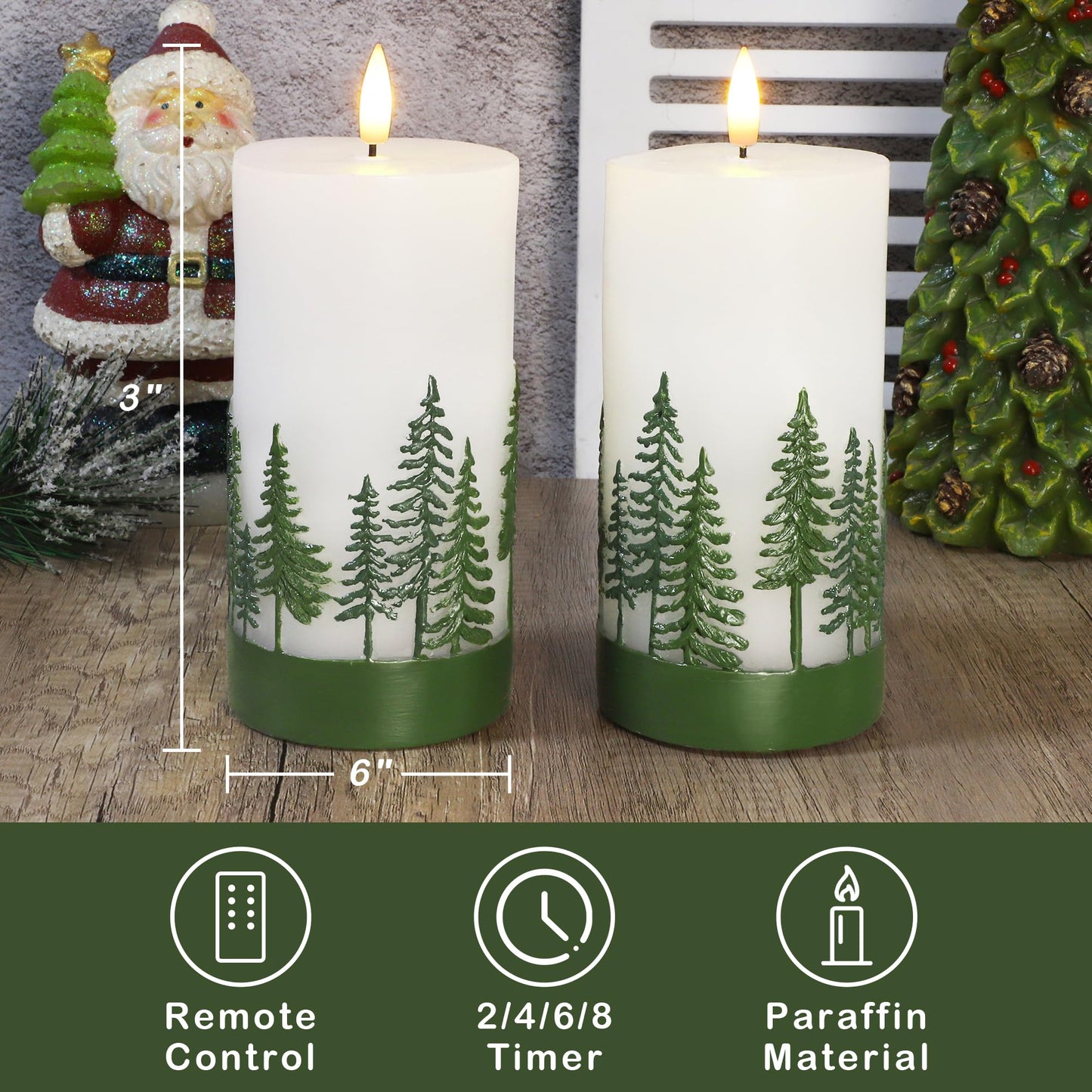 Silverstro Holiday Flameless Candles Green Hand Drawn Christmas Tree Design with Remote Control, Flickering Real Wax Christmas LED Candles - Home Party Bathroom Room Xmas Decorations - Set of 2