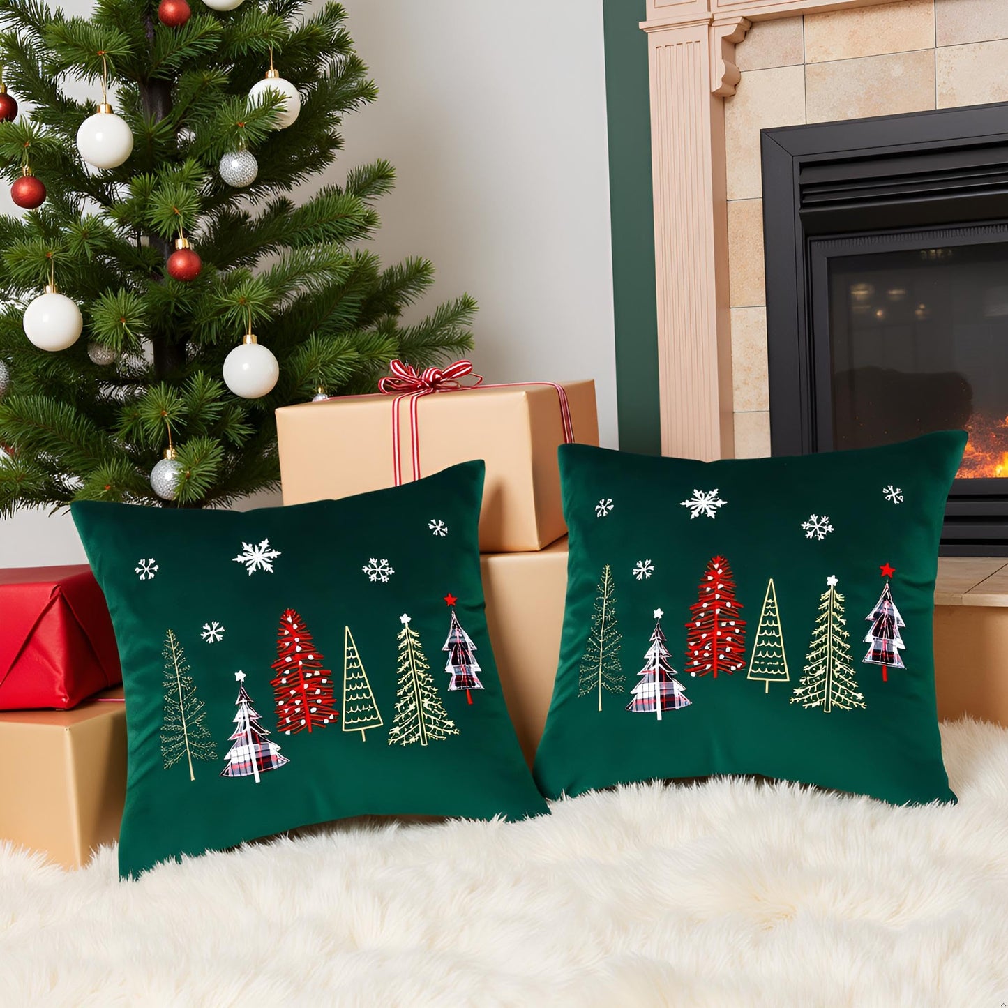 Tosleo Christmas Pillow Covers 18x18 Set of 2 Xmas Trees with Snowflake Embroidery Throw Pillow Covers Christmas Dec Velvet Pillowcases Forest Green Cushion Pillow Cases Soft Square Holiday Pillowcase