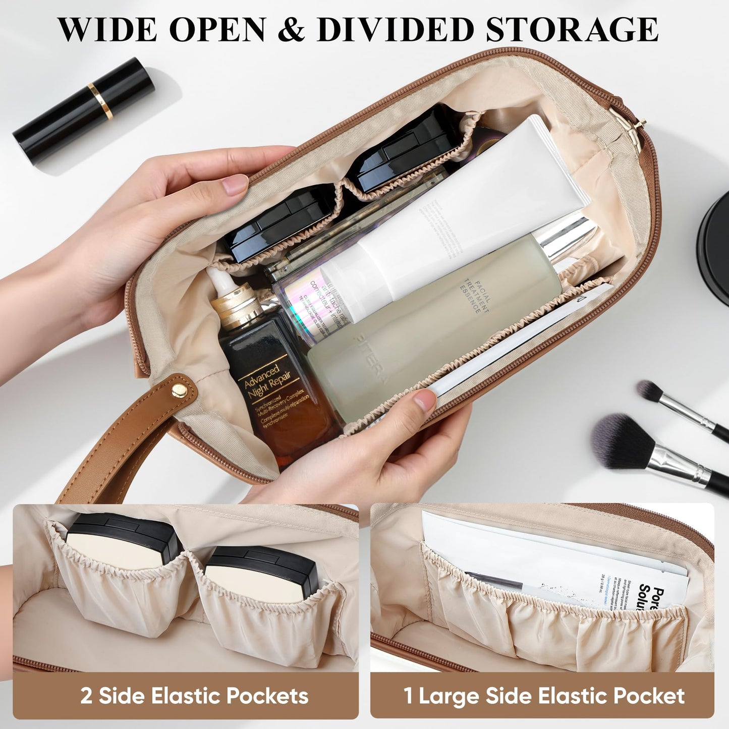 MSTONAL Travel Makeup Bag, Large Capacity Double Layer Cosmetic Bags for Women, Waterproof Portable Make Up Skincare Pouch with Makeup Brush Organizer, Toiletry Bag for Essentials, Beige & Brown