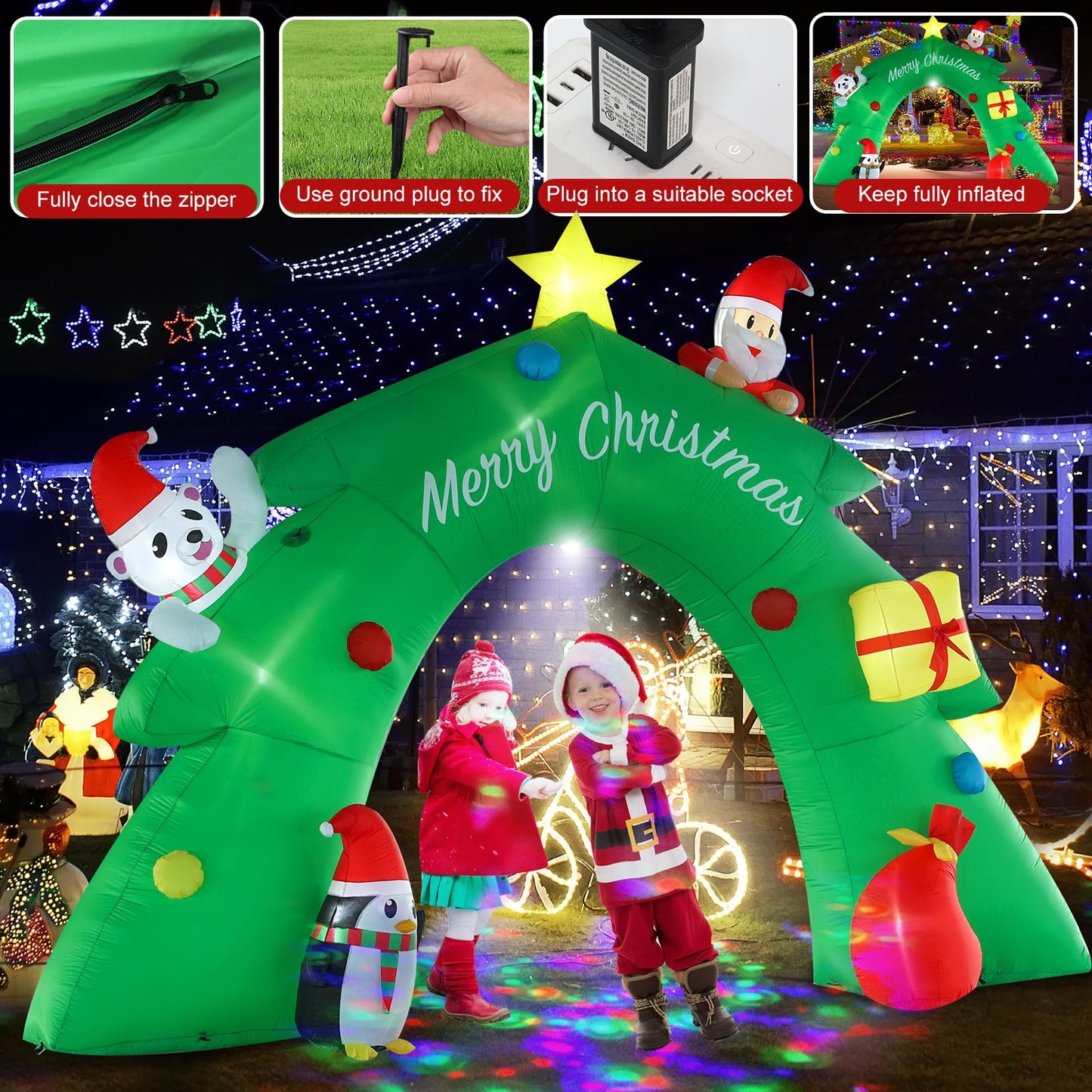 InfleasJoiy 16FT Christmas Tree Arch Inflatable Christmas Decoration with LED Lights and Kaleidoscope Lights for Holiday Celebration Decorations on Yard, Lawn and Patio