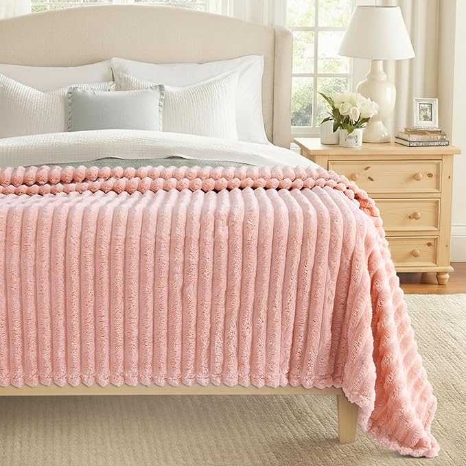 decorUhome Soft Fleece Pink Throw Blanket for Couch, Cozy Fluffy Plush Flannel Striped Blanket for Sofa Bed, Lightweight Decorative Ribbed Fuzzy Blanket for Woman, 50x60 Inches