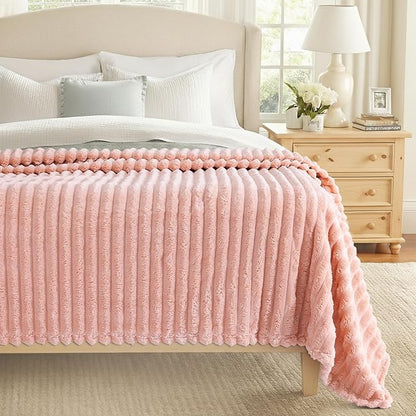 decorUhome Soft Fleece Pink Twin Blanket for Bed, Cozy Fluffy Plush Flannel Striped Throws for Couch Sofa, Lightweight Decorative Ribbed Fuzzy Blanket for Woman, 60x80 Inches
