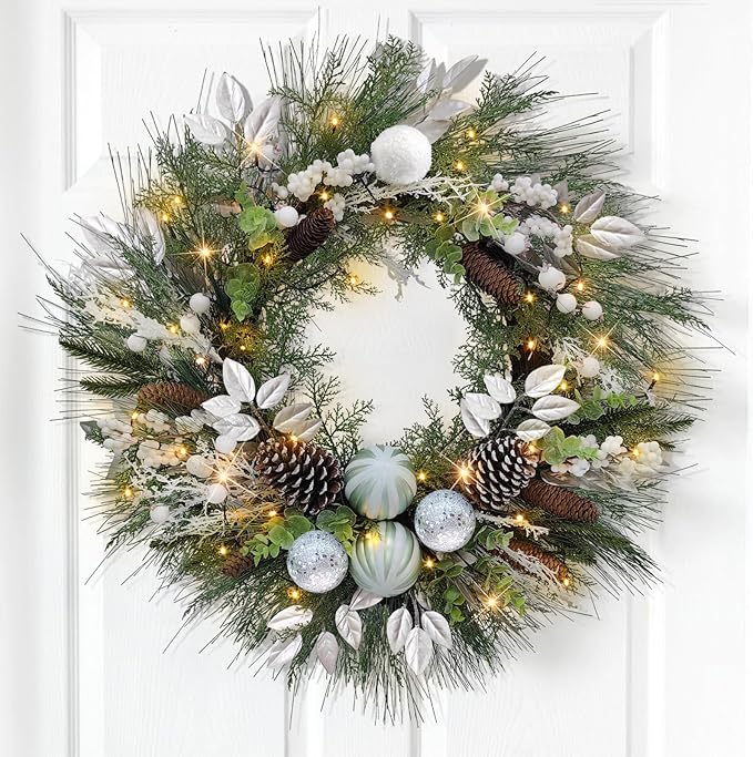 28’’ Pre-Lit Artificial Christmas Wreath, Theme Battery Operated 35 LED Lights with Faux Greenery, Pine Cones, Silver Leaves, White Berries and Silver Ornaments