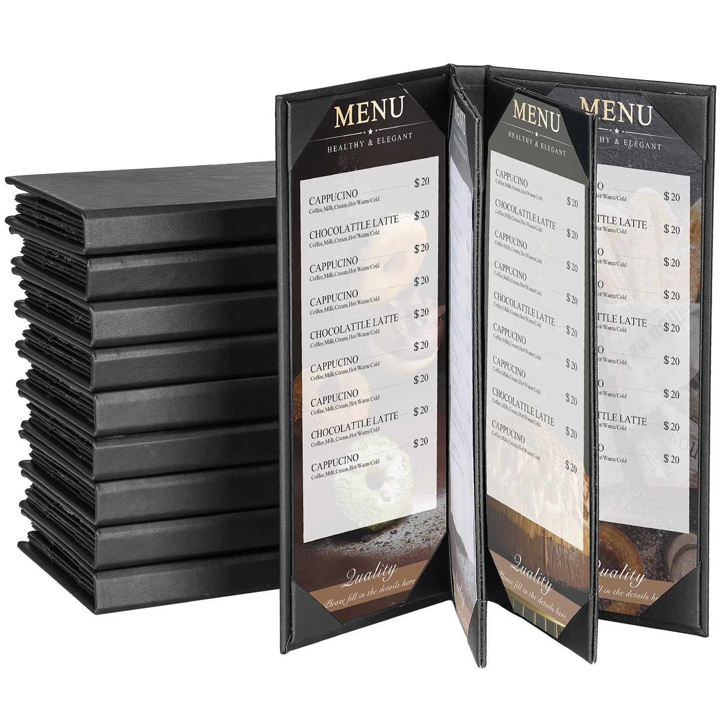 AMGSH Menu Holder Menu Covers 4.25" x 11" | 10 Pack Black Leather Menu Sleeves Book Style for Restaurant Coffee Bars Wine List (6 View, 10 Pack)