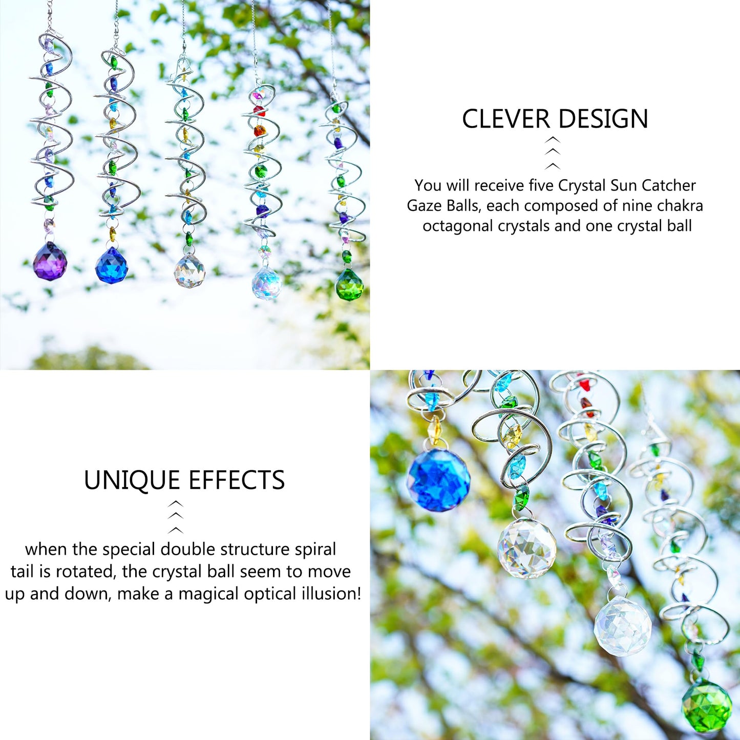H&D HYALINE & DORA 5 Pack Sun Catchers Crystal Suncatchers for Windows Hanging Gazing Ball Spiral Tail Wind Spinners for Yard and Garden Indoor Home Decor
