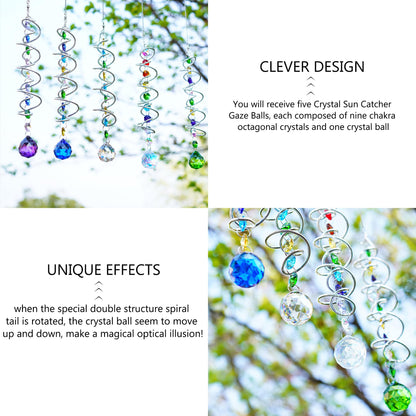 H&D HYALINE & DORA 5 Pack Sun Catchers Crystal Suncatchers for Windows Hanging Gazing Ball Spiral Tail Wind Spinners for Yard and Garden Indoor Home Decor