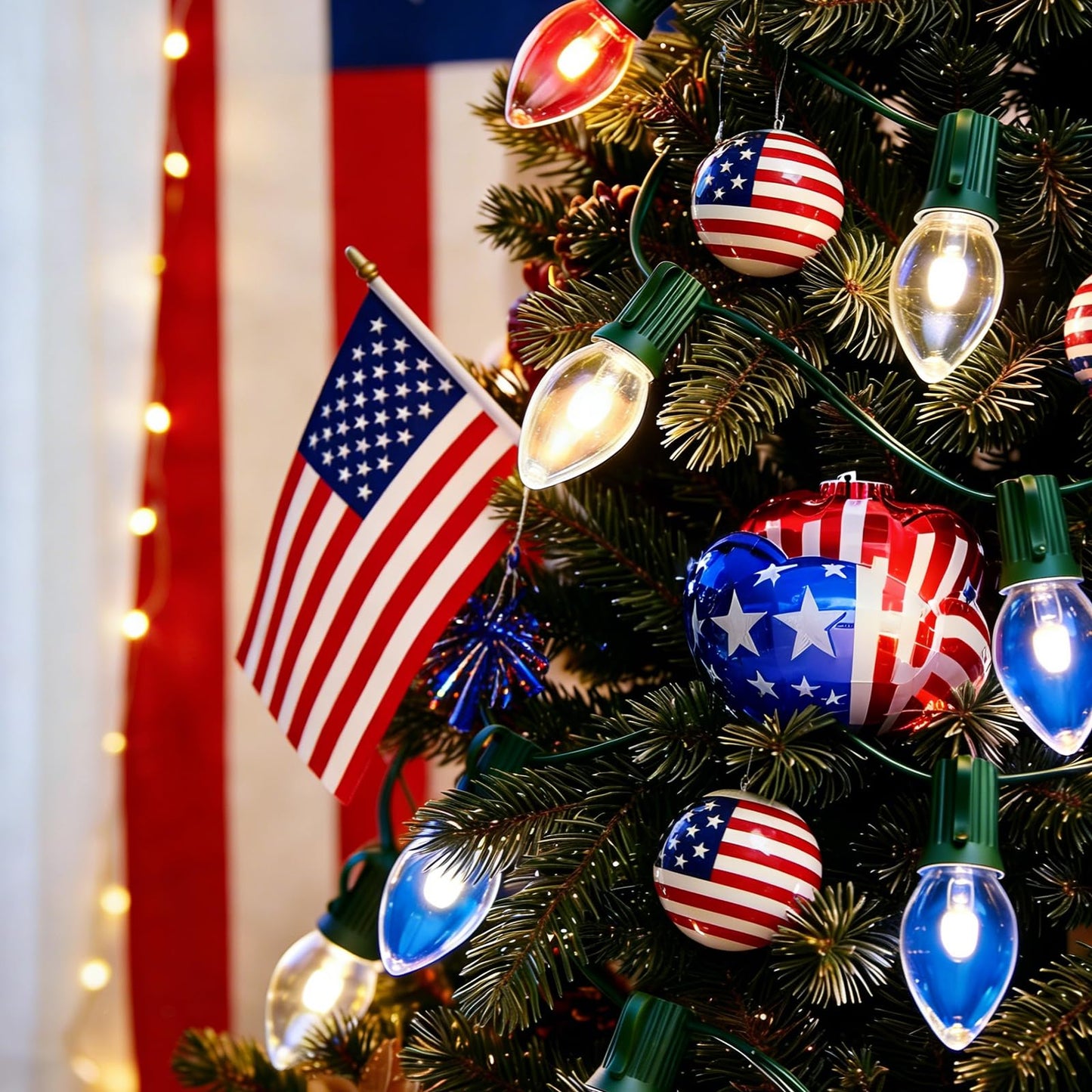 TWINGLEHOME 25 LED Transparent C9 String Lights with Green Wire, Multifunctional Modes Lighting (Red, White, Blue) for Nation Day