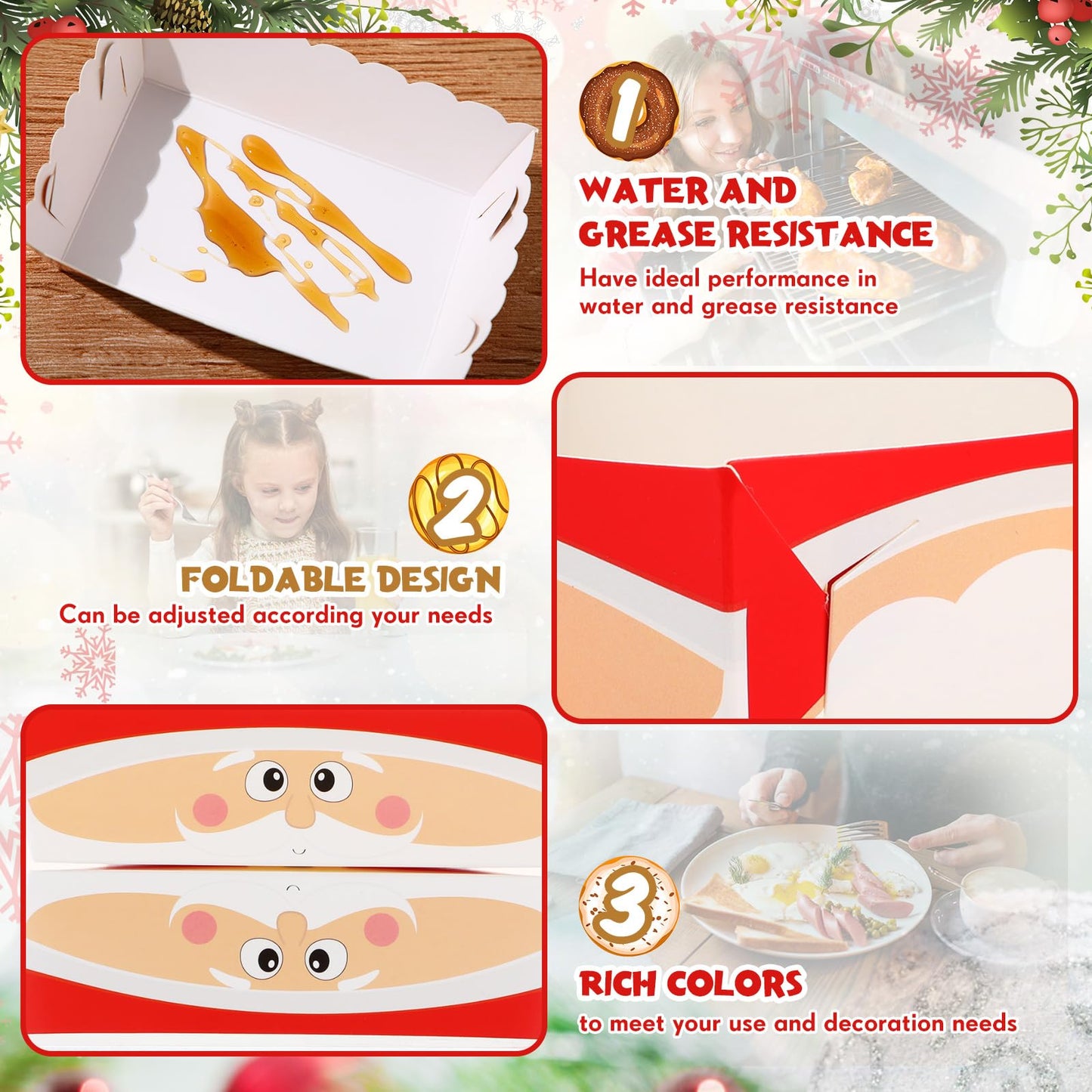 Dunzoom 48 Pcs Christmas Paper Food Trays Plates Disposable Christmas Movie Snack Trays Santa Elf Snowman Red Green Plates Nacho Hot Dog Serving Boat for Xmas Party Supplies Decoration (Style 1)
