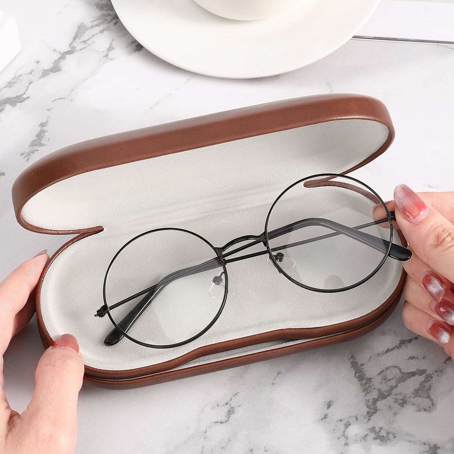 MoKo Double Eyeglass Case, Contact Lens Case with Mirror Tweezers Remover, 2 in 1 Double Sided Portable Contact Lens Box Holder Container Soak Storage Kit Sunglasses Pouch for Men & Women, Brown