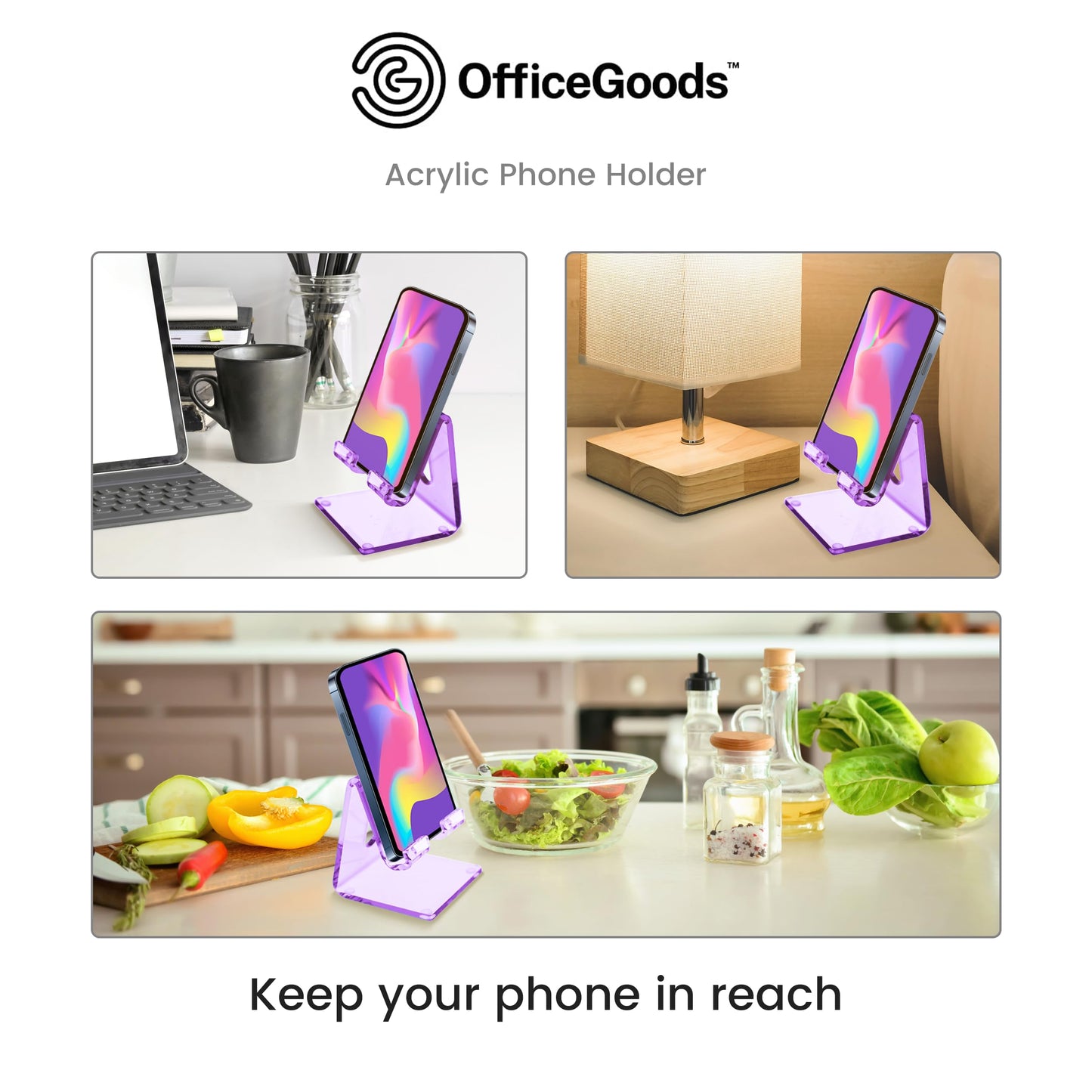 OfficeGoods Acrylic Phone Holder Aesthetic Desk Phone Stand, Compatible with 4-8 inch screens, Office Decor and Work from Home Essentials - Purple