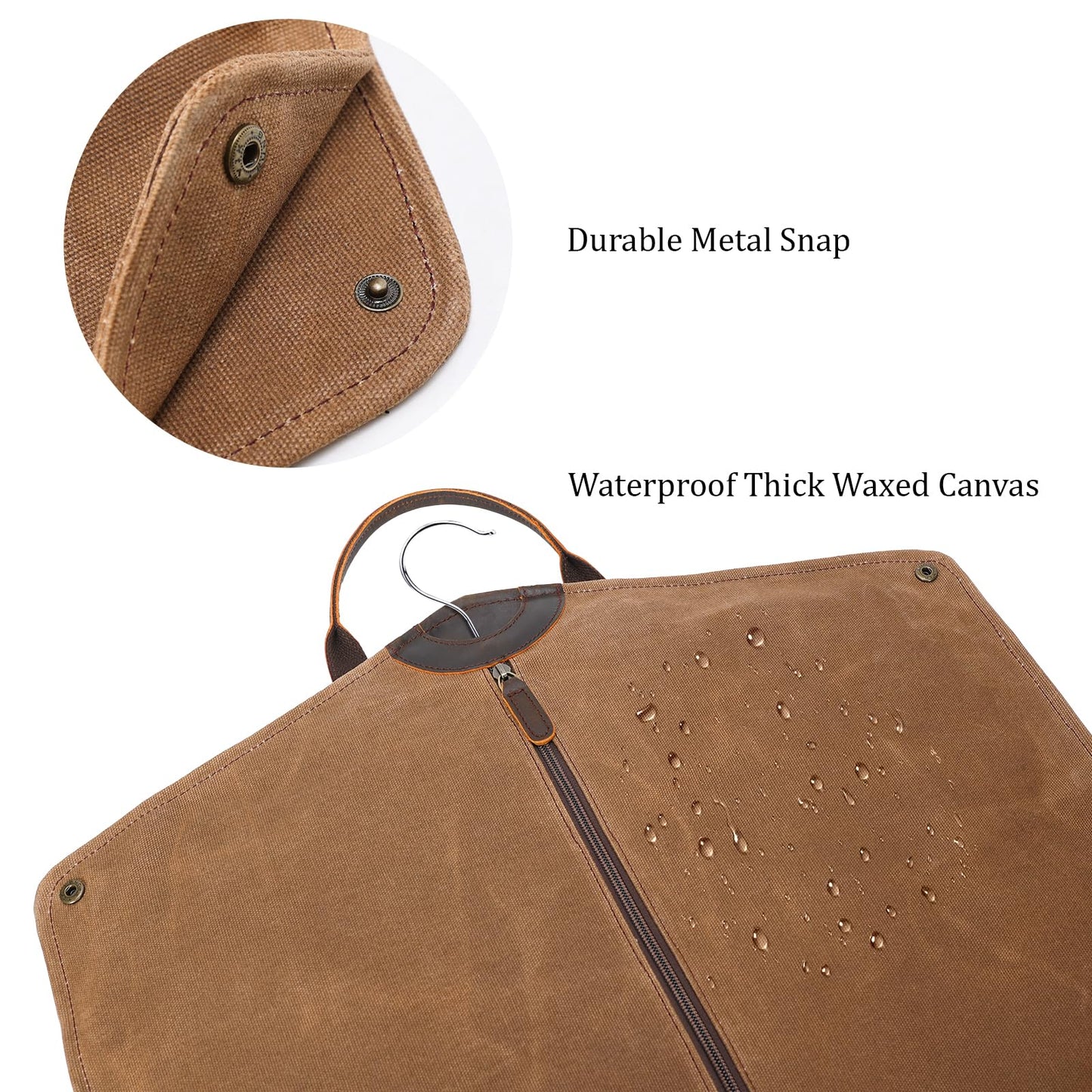 Polare 43” Waxed Canvas Full Grain Leather Trim Garment Bag for Travel, Large Carry on Business Suitcase Cover with YKK Zipper, Waterproof Hanging Suit Garment Cover with Handles,1 pack(Brown)