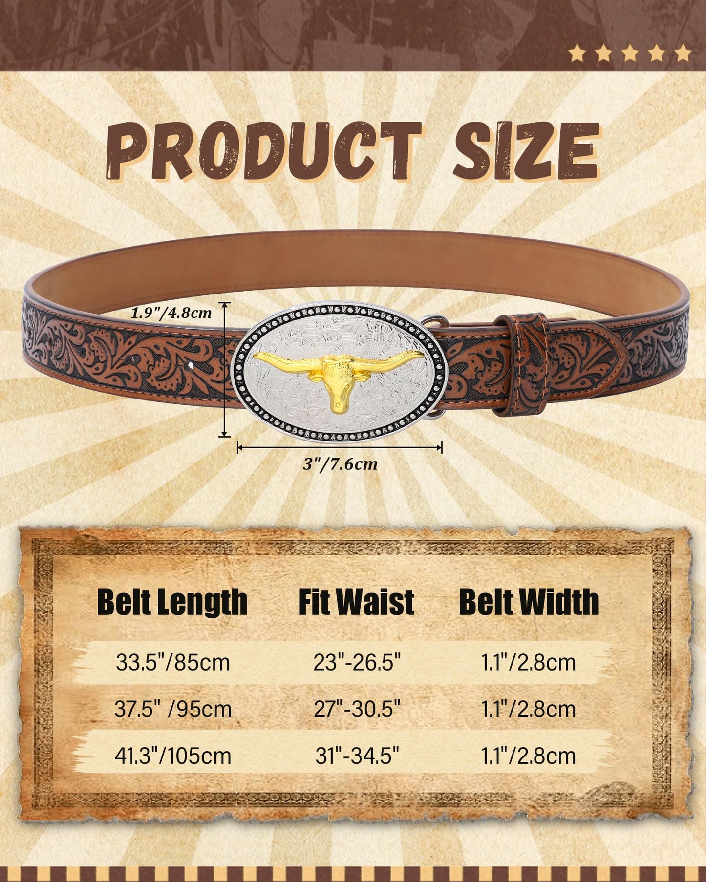 AWAYTR Kids Western Belt with Detachable Buckle - PU Leather, 3 Sizes (23"-34.5"), Adjustable for Daily Wear & Halloween (Cow Buckle-Dark Brown, Fit Waist: 26.5"-30")
