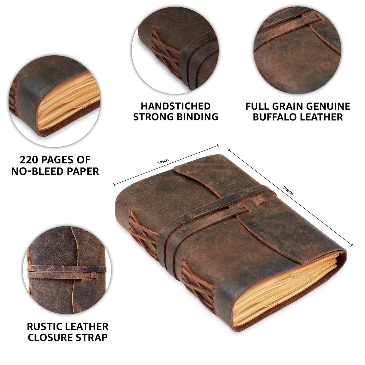 LEATHER VILLAGE Leather Bound Journal - Dark Brown, 7"X5", 220 Pages - Vintage Blank Paper Diary for Writing, Drawing, Sketchbook, and Travel Notebook - Ideal for Women and Men