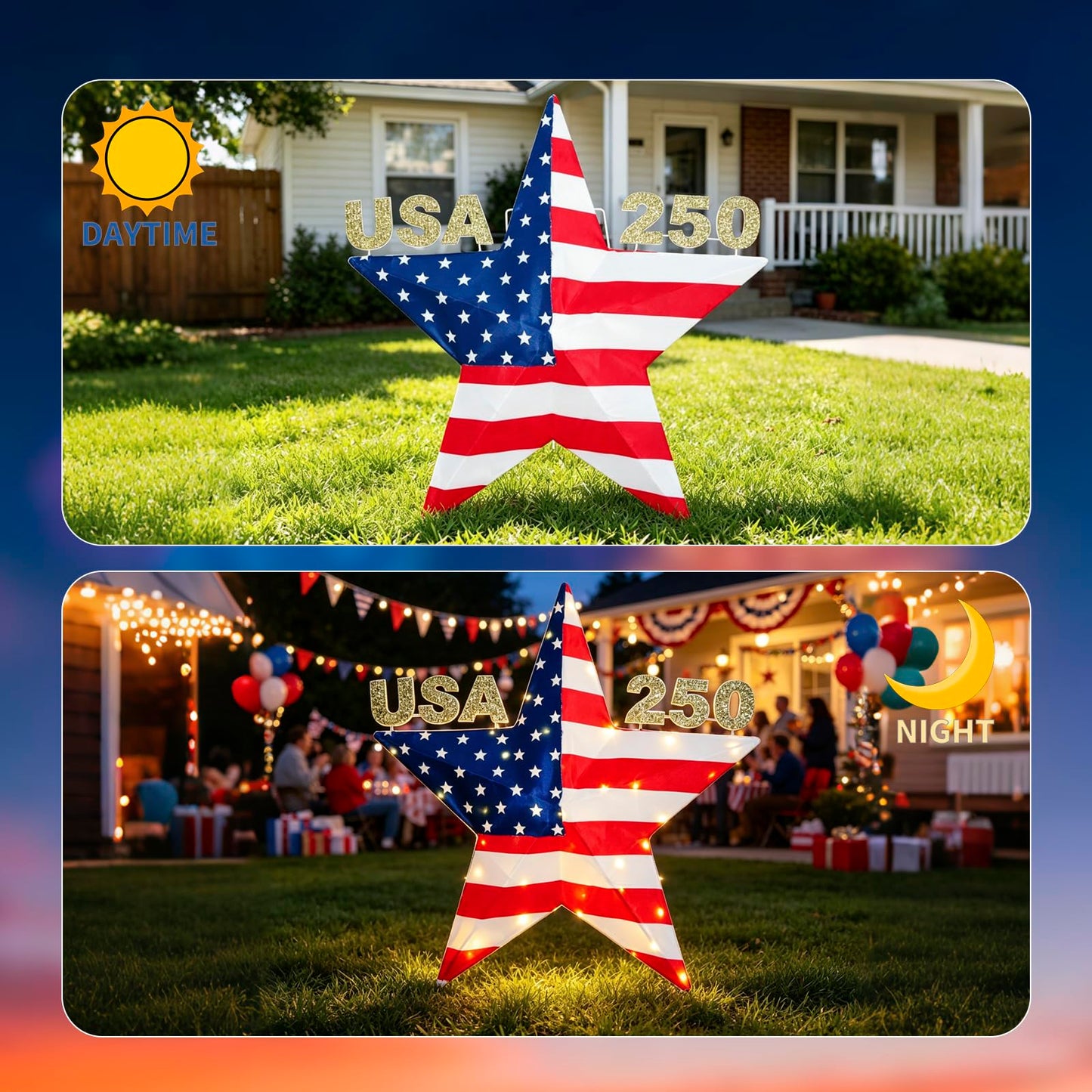 4th of July Decorations Light, USA 250 Lighted Patriotic Star with 38 Lights, American Flag Yard Decoration for Garden, Lawn, Porch, Red White and Blue Independence Day Decor