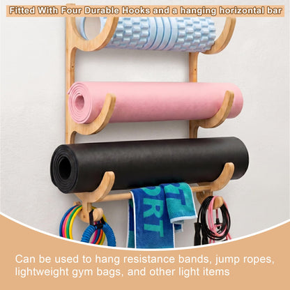 Upgraded 3 Tier Wooden Yoga Mat Holder Wall Mount with Bottom Hanging Bar, Yoga Mat Storage Rack with 4 Multi-Purpose Hooks, Foam Rollers and Resistance Band Hanger for Home Gym or Fitness Class