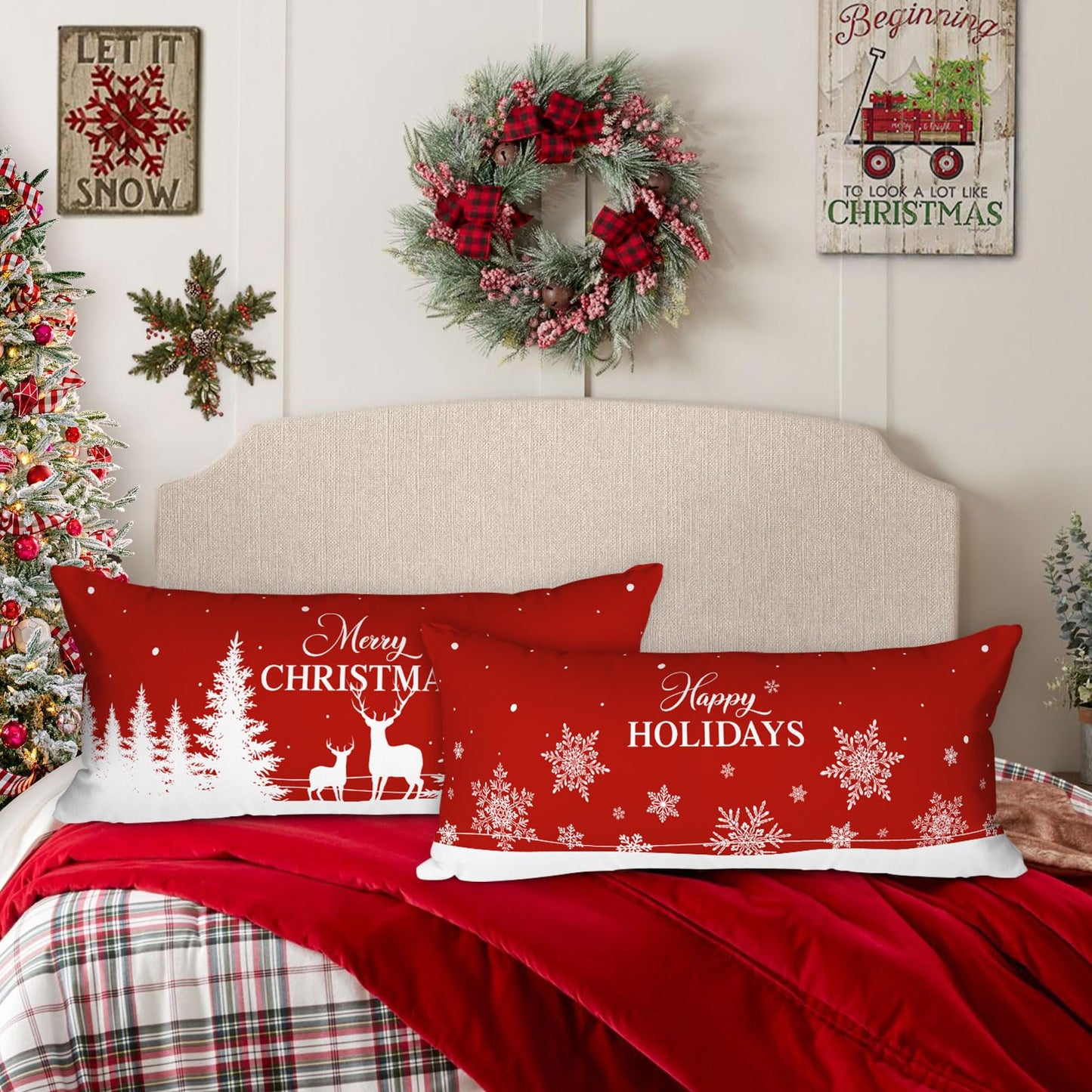 Lanpn Christmas Lumbar Pillowcase 14x36 Set of 2, Red Christmas Tree Snowflake Pillow Cases 14 x 36 Long Big Rectangle Lumbar Bed Pillow Covers Winter Holiday Xmas Throw Pillow Cushion Cover 2 Pack