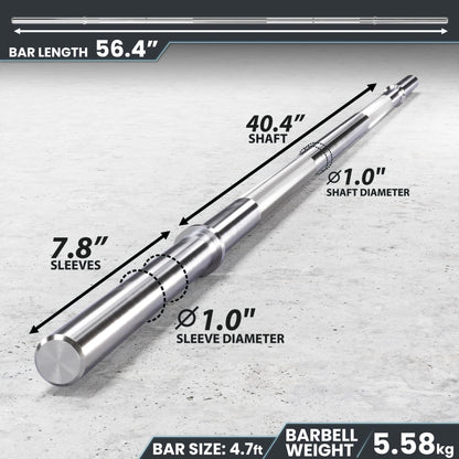 Synergee 1" Olympic Barbell Standard Weightlifting Barbell. 4.7'-foot Bar Weighing 5.58 KG/12.3 LB. Compatible with 1”-Opening Plates.